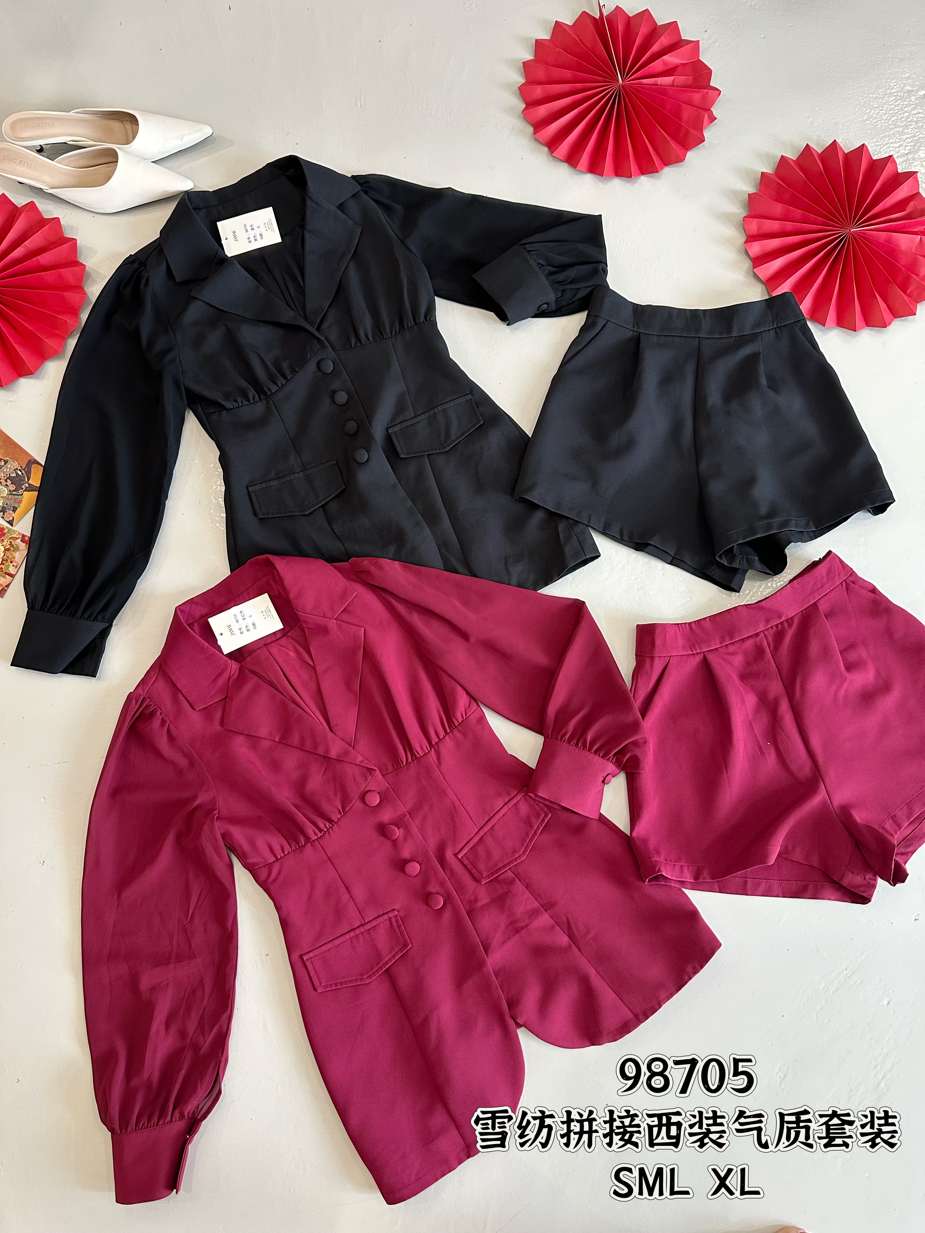 98705  PREMIUM  PANT SET 西装拼接雪纺袖收腰套装