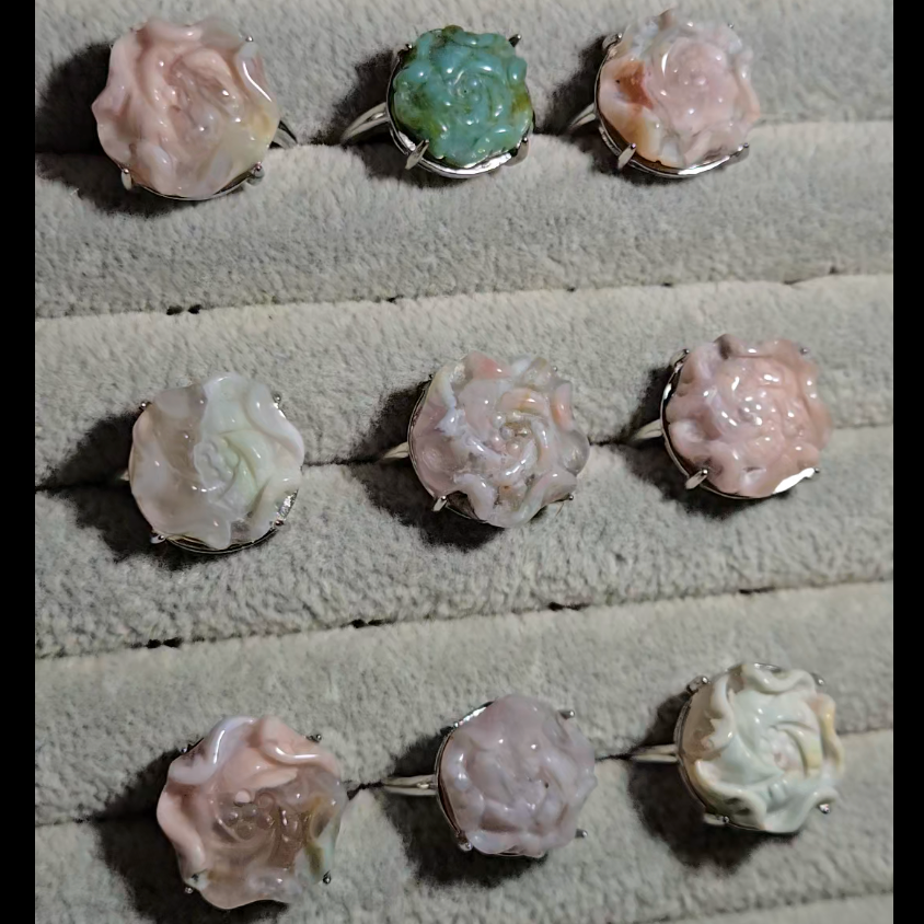 Flower agate flower rings in adjustable sterling silver - JW12