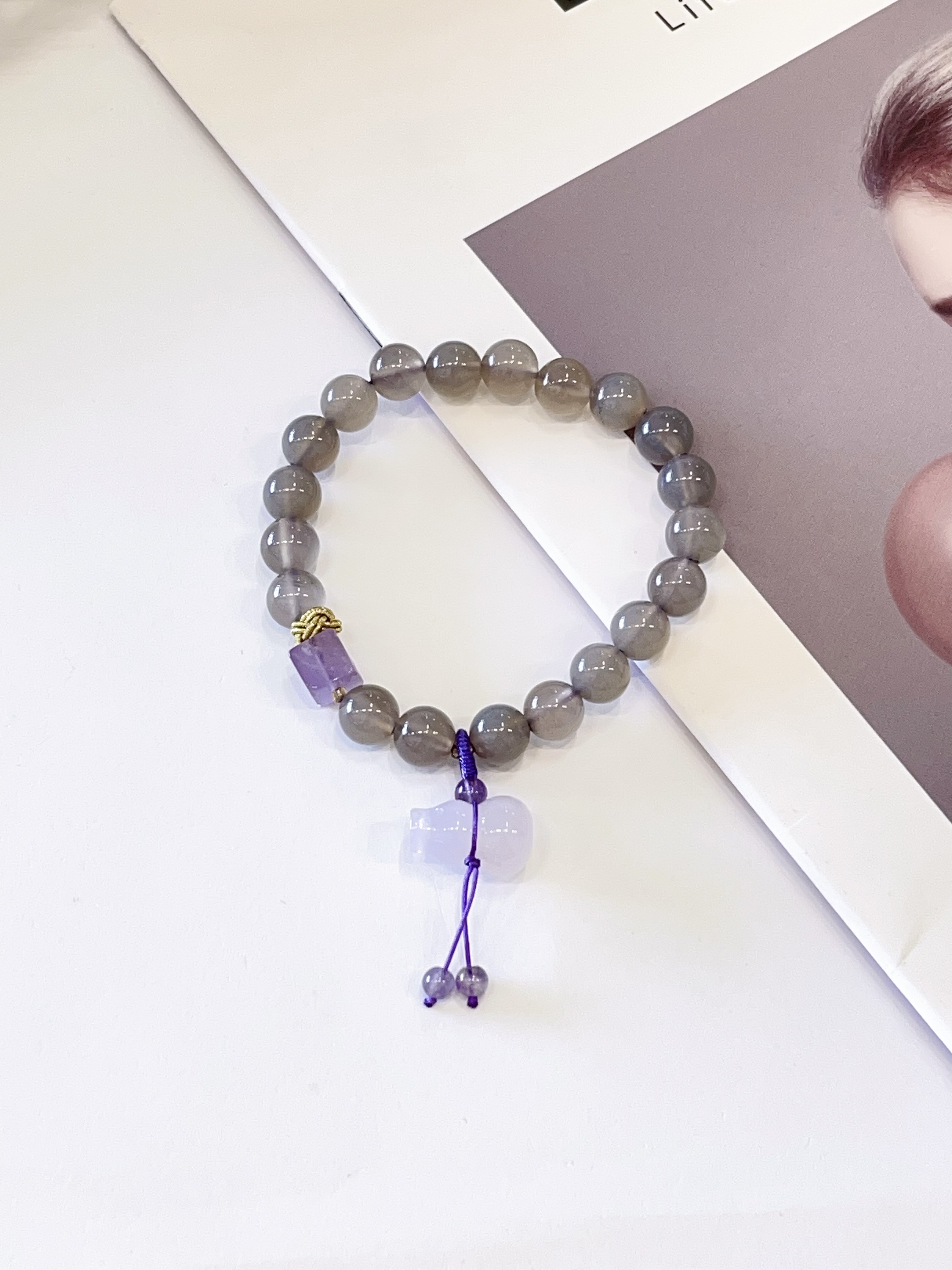 🩶💜🍀 灰玛瑙 × 紫水晶 × 葫芦手串 Grey Agate, Amethyst & Gourd Charm | 8mm