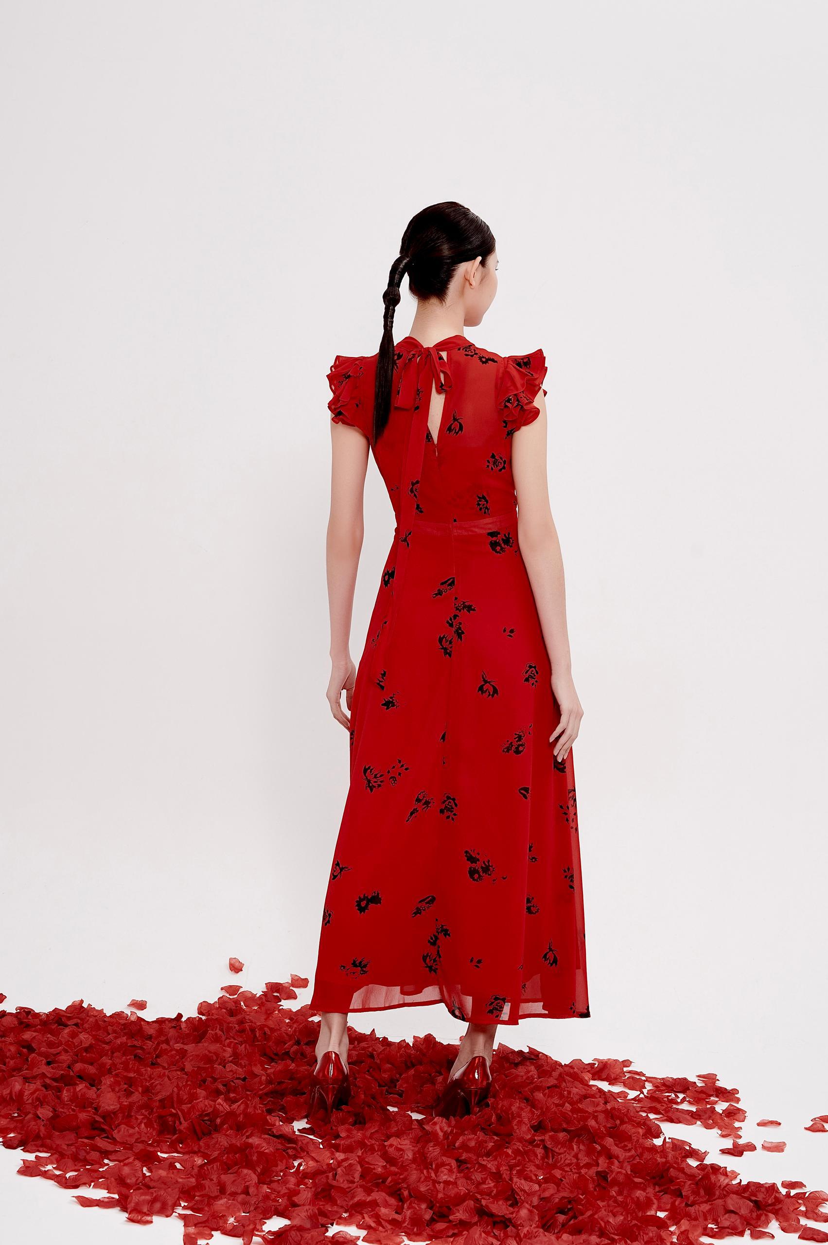 荷叶袖雪纺连身裙 2137