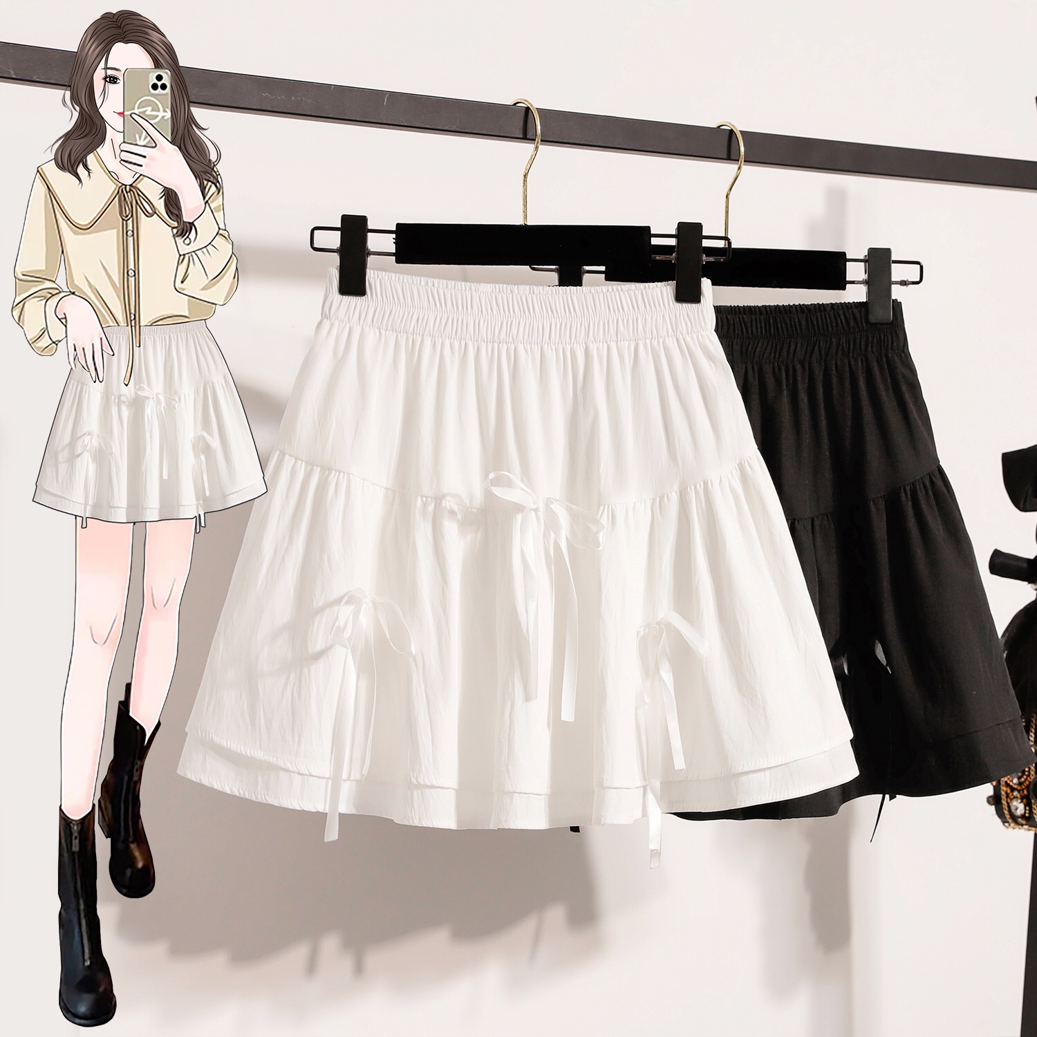 B164(5389) 法式芭蕾甜美风立体蝴蝶结拼接层层蛋糕黑白短裙