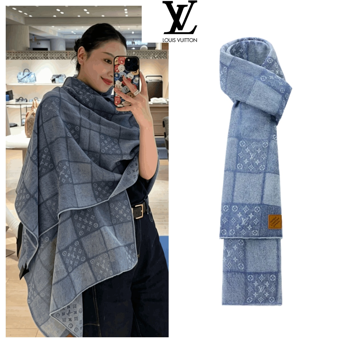 【原單】LV Denim Patchwork 棋盤格長頸巾