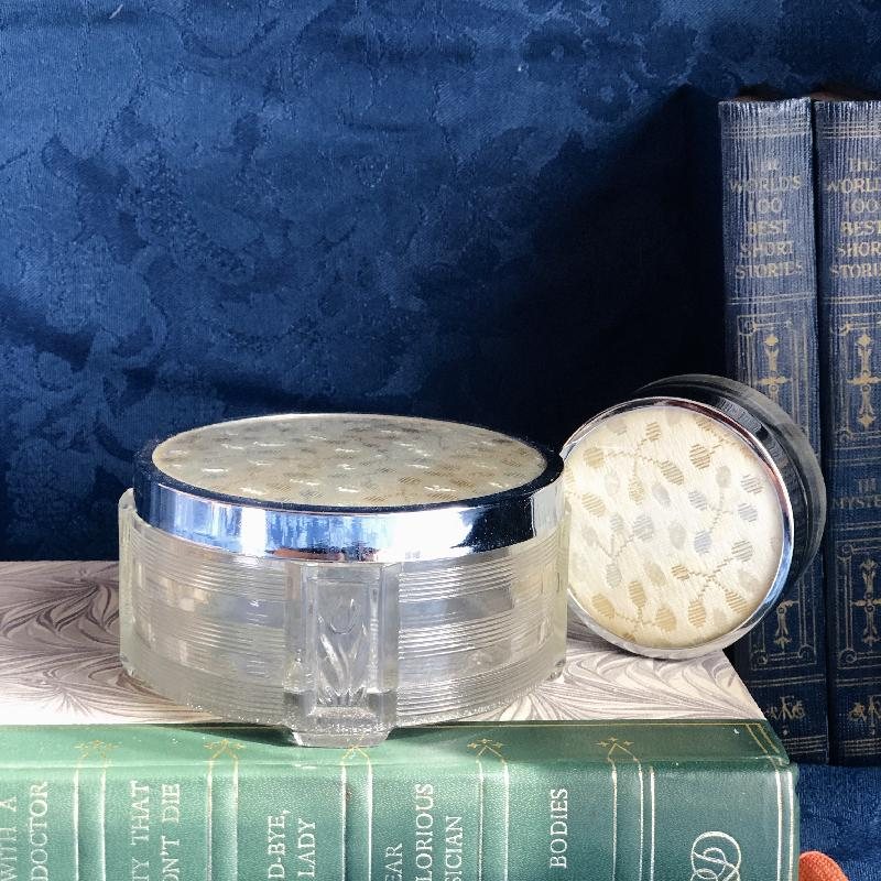 1950s Made in Canada Jacquard Fabric Glass Vanity Set/Powder& Cream Box Set of 2 (MT1055)