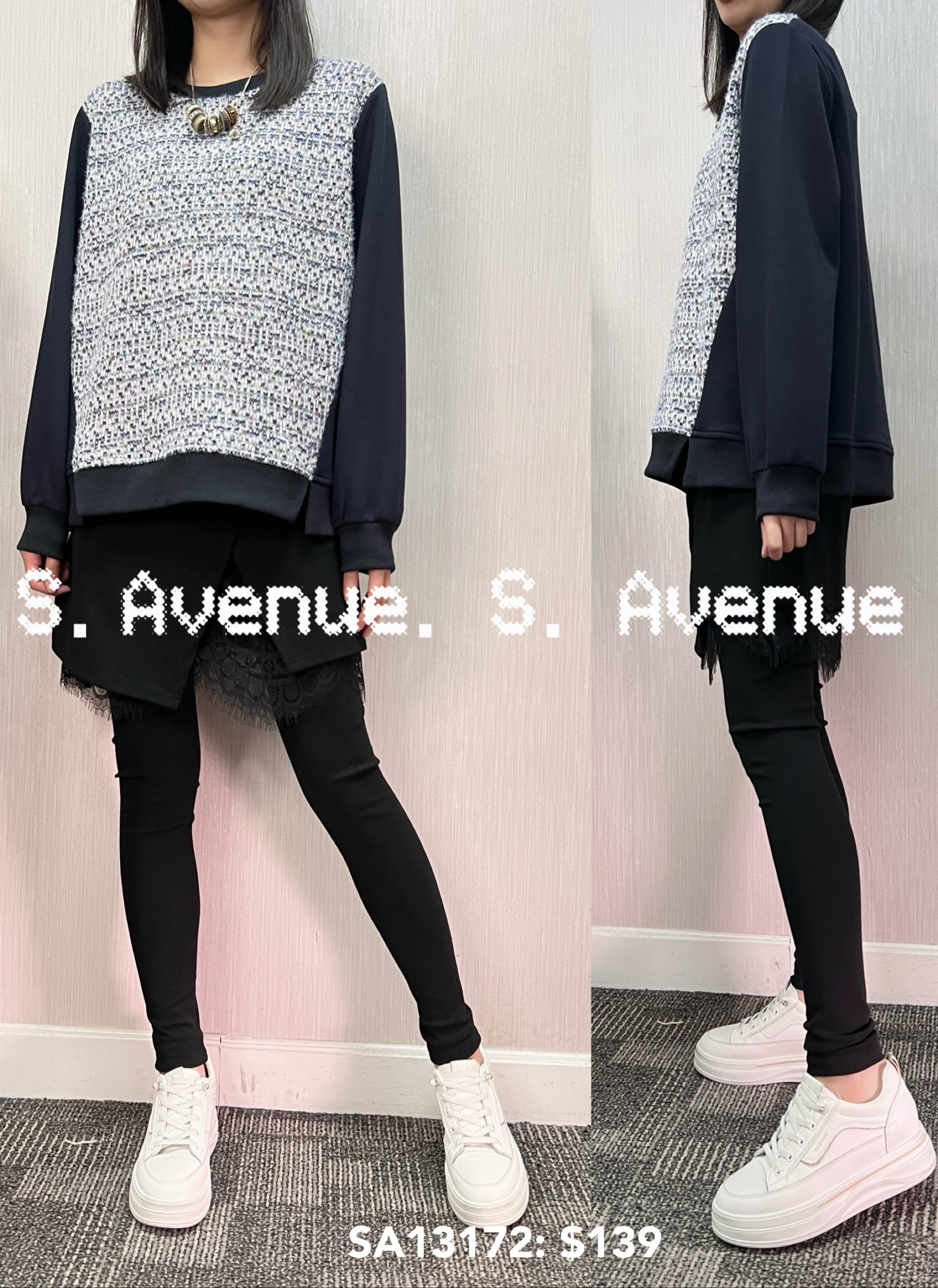 SA13172: 長袖中間tweed料前開叉top