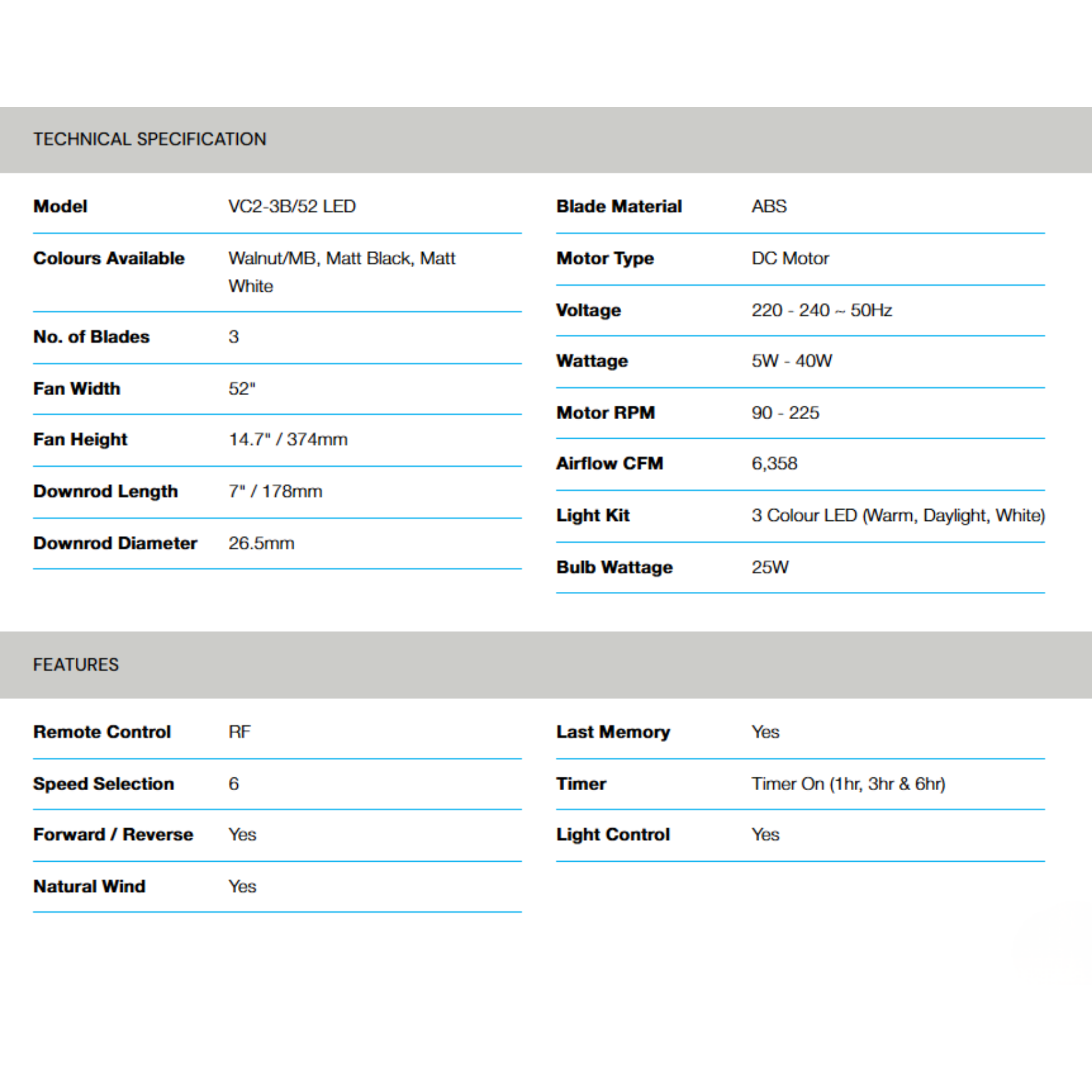 Alpha 52" VC2 DC Motor LED Ceiling Fan (VC2-3B)