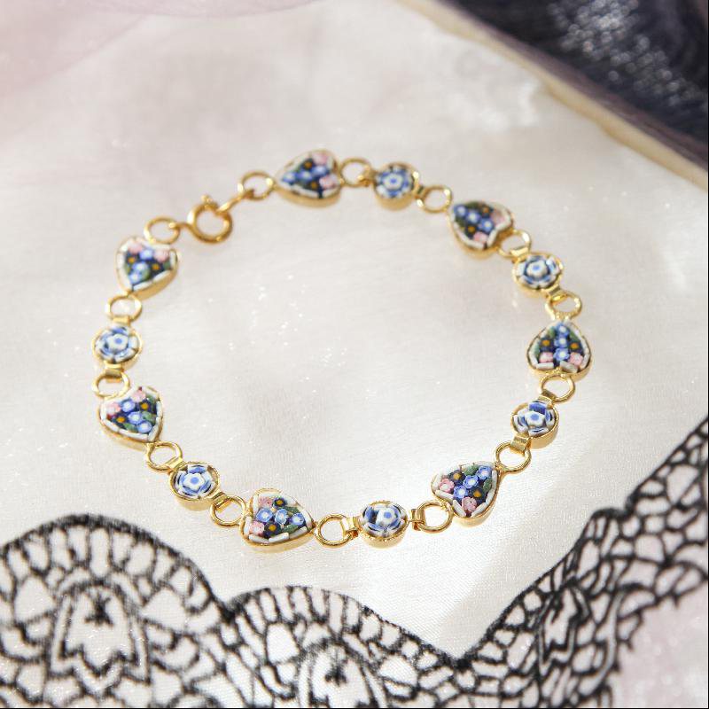 Vintage C.a. 1960s Italian Mosaic New Old Stock Bracelet - Heart Shape Floral - #7 White (FA229~FA235)