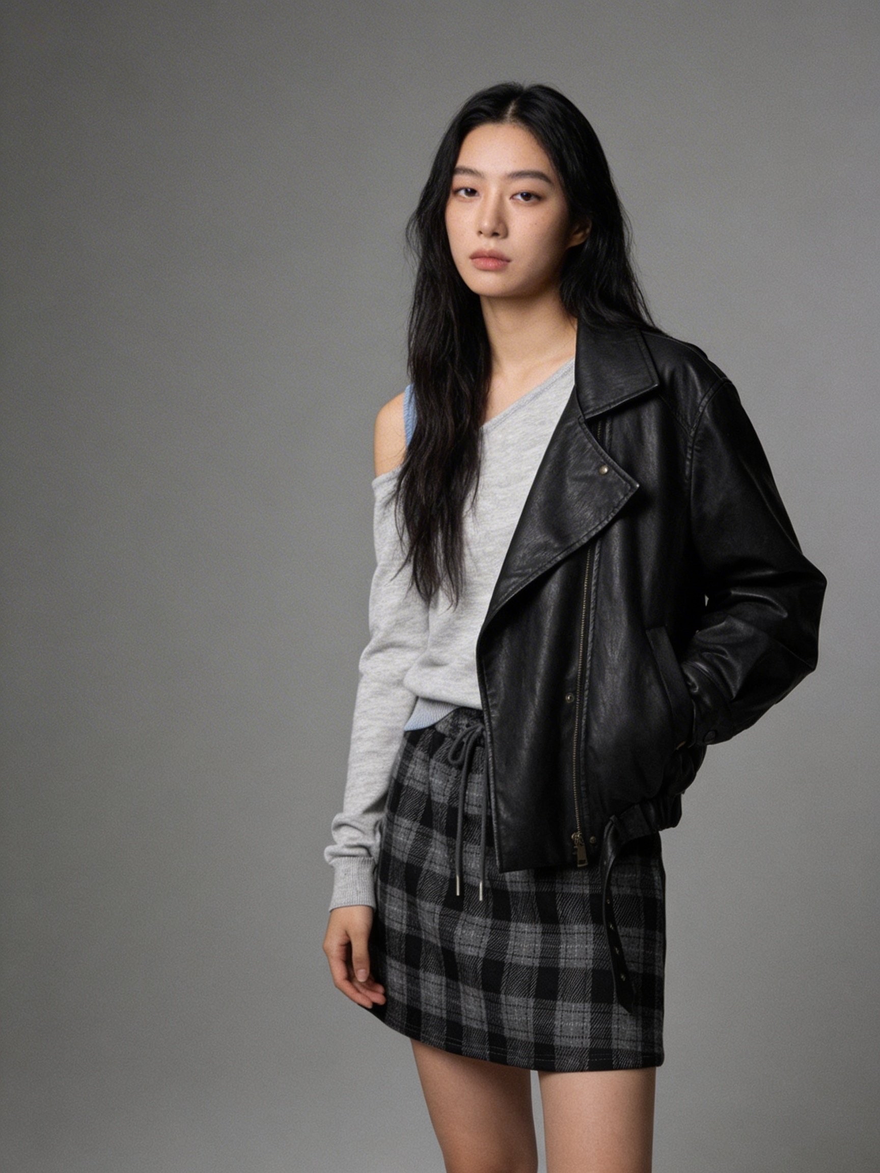 黑色皮革斜襟短版飛行夾克