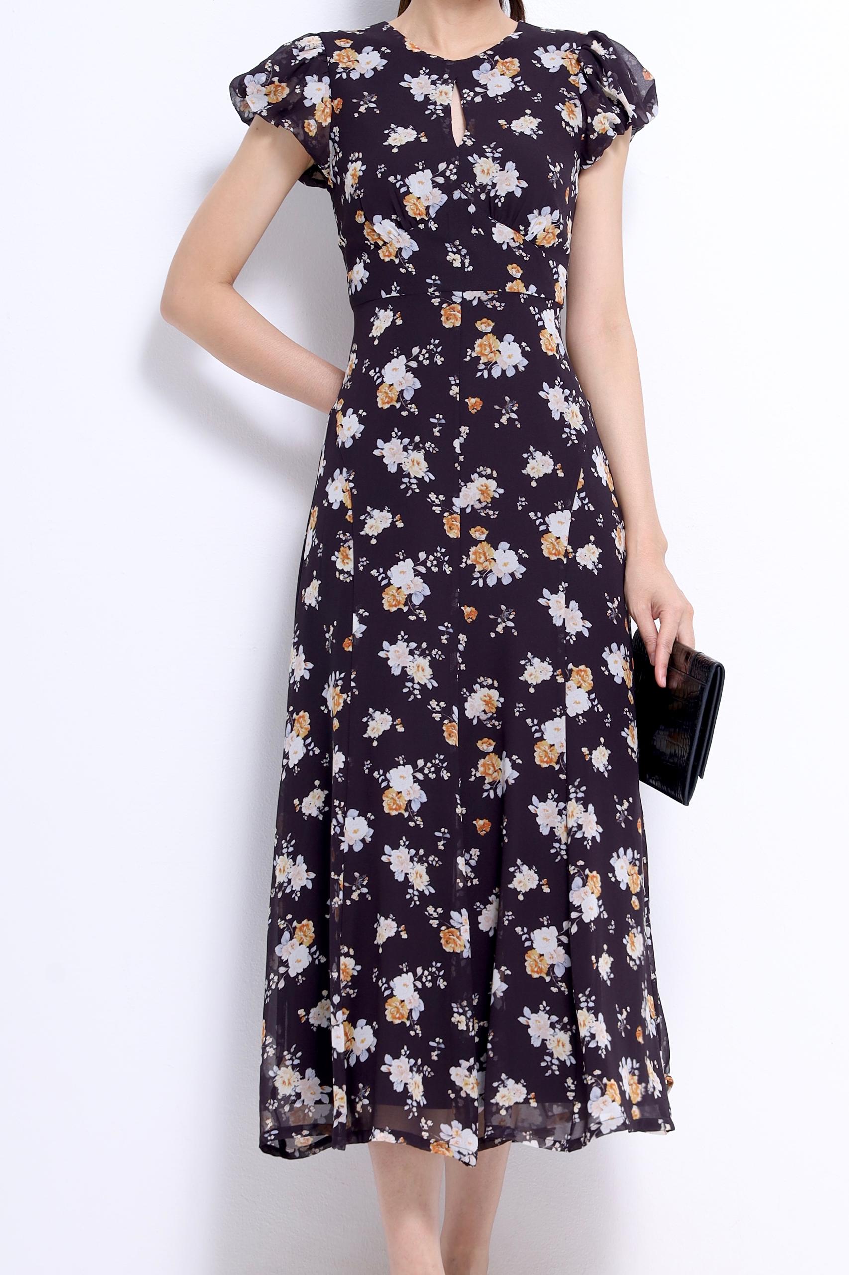 CD2147 FLORAL FLUTTER SLLV ROUNDNECK DRESS