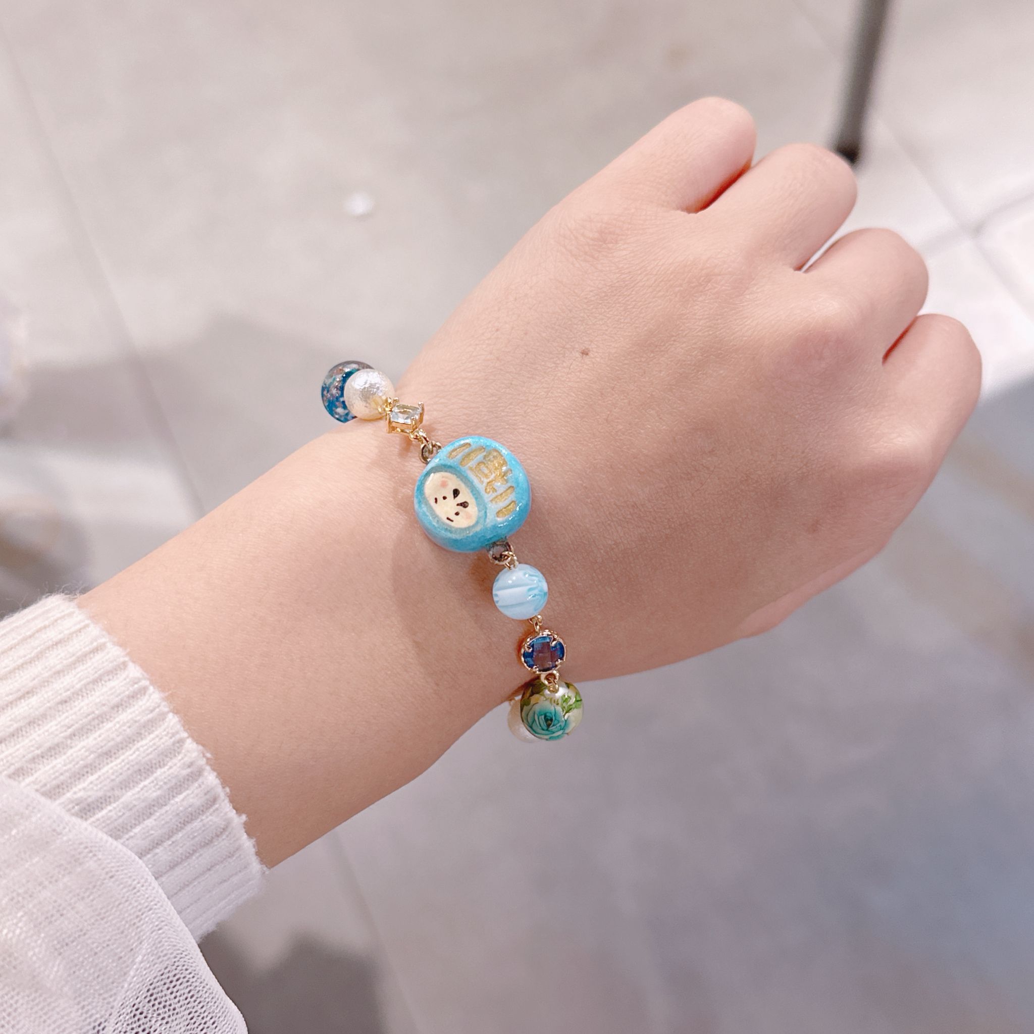 14K包金 手繪粉藍達摩 鋯石 玻璃珠 手鏈