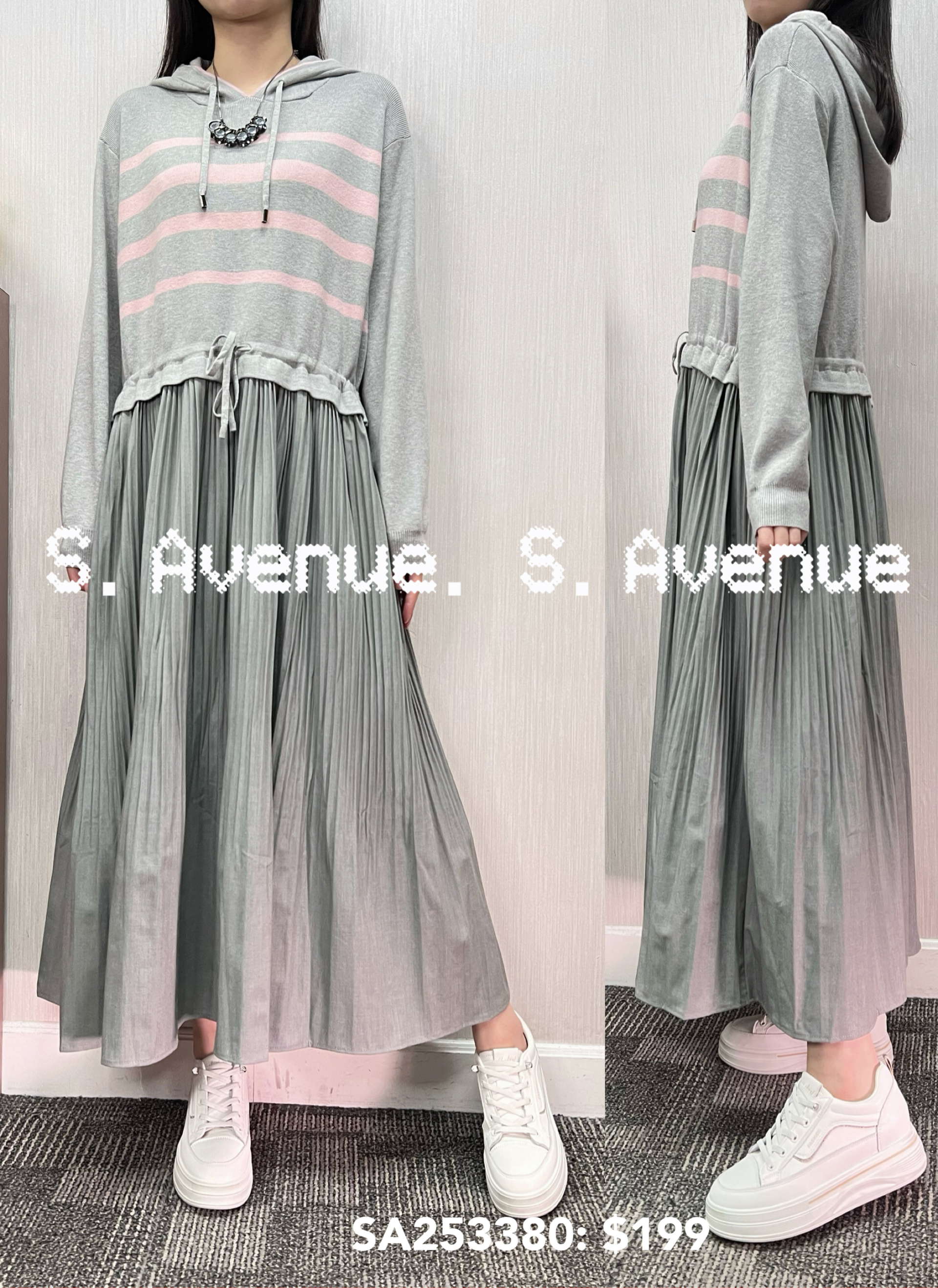 SA253380: 長袖有帽間條束腰op