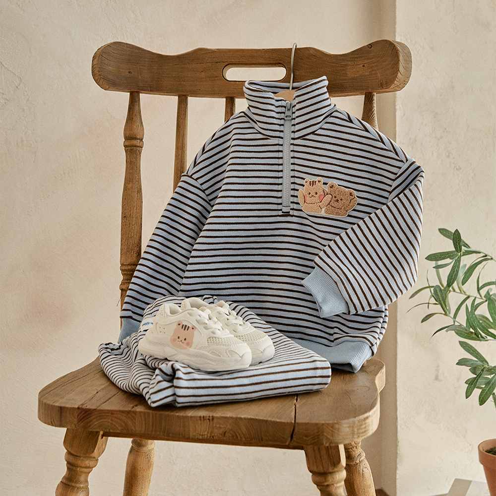 25F/W DTD萌趣條紋學院風系列-半開襟加絨上下套裝 120