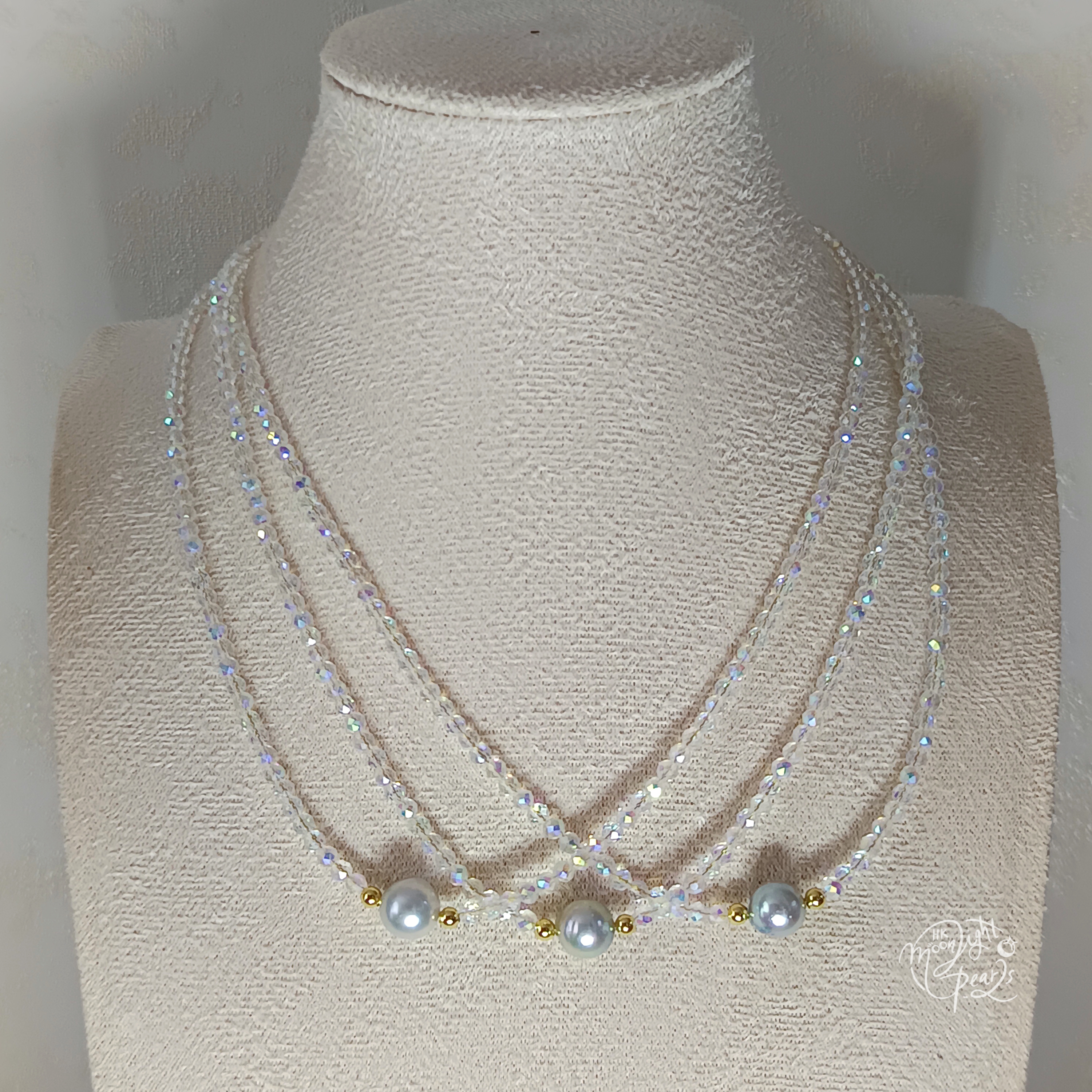 近正圓強光日本真多麻海水珍珠+施華洛幻彩水晶注金尾鍊扣時尚鎖骨鍊