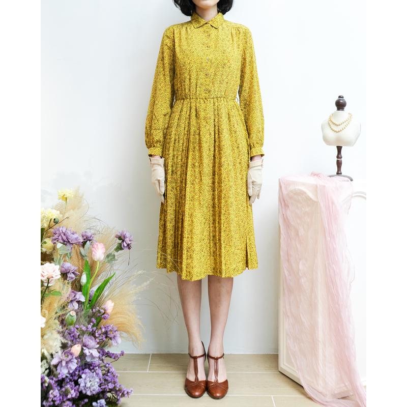 Vintage Japanese Green and Yellow Scattering Foliage Pattern Pleated Shirtdress (MT1608-75)