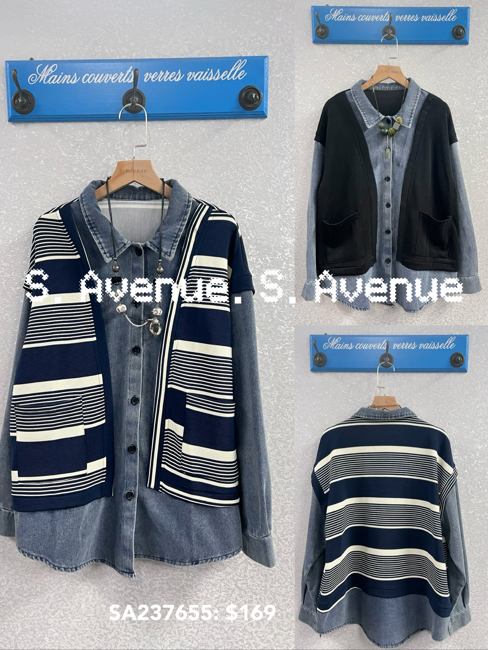 SA237655: 長袖假兩件牛仔shirt