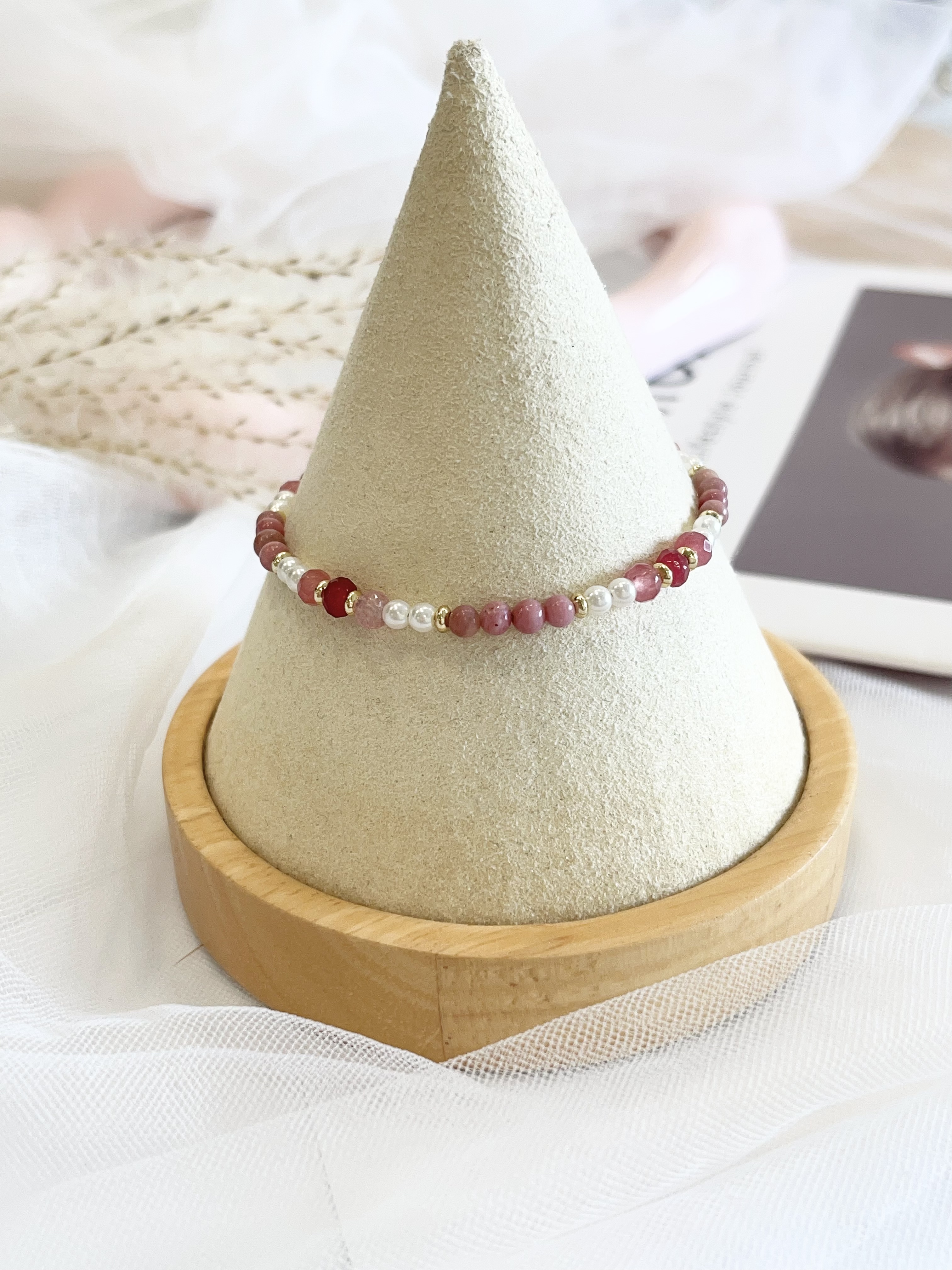 🌹 蔷薇石 × 珍珠细手链  Rose Quartz & Pearl Bracelet｜3-4mm