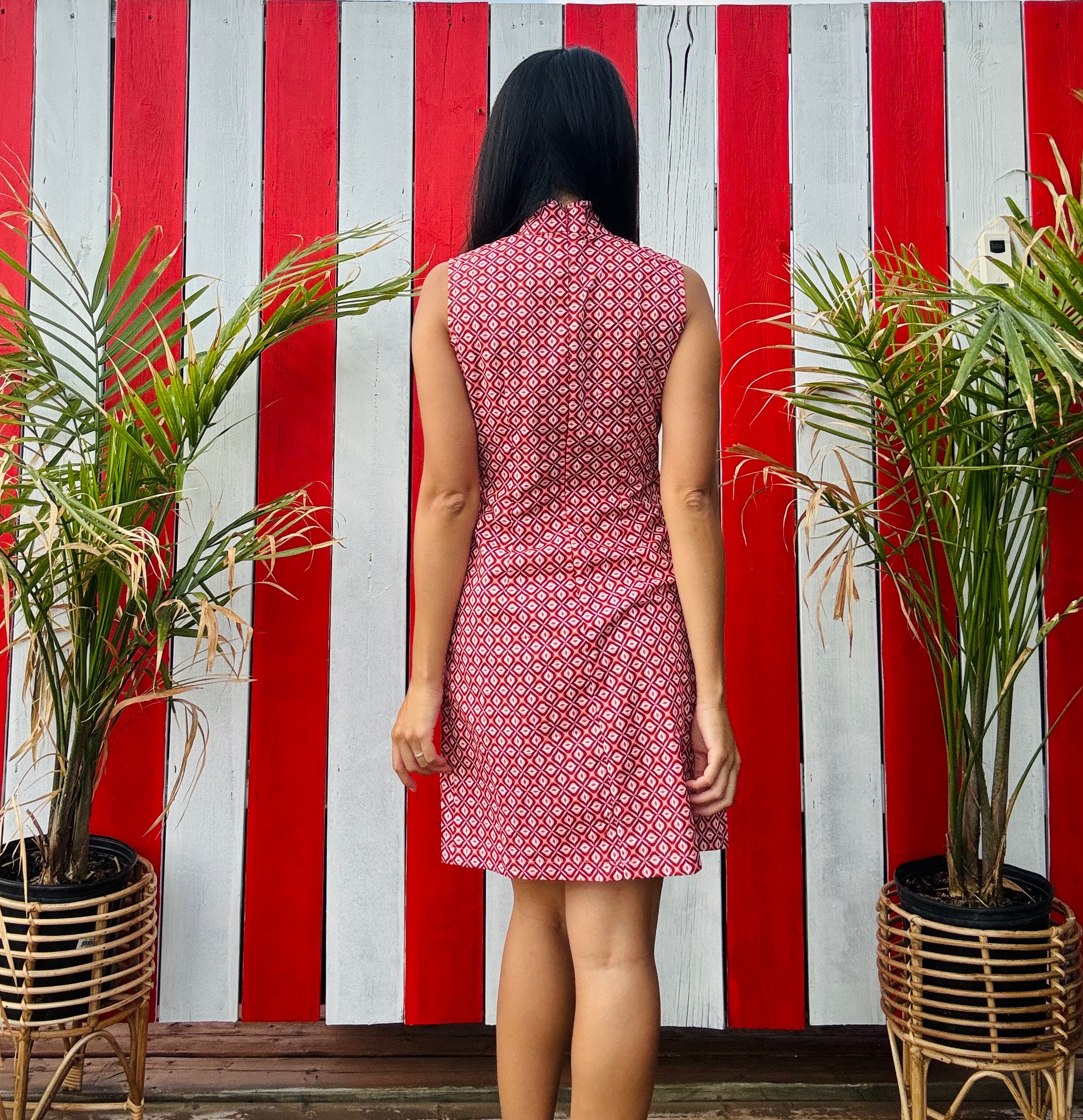 (Ready-made)100% Organic Cotton 60s Style Red Violet Vintage Pattern Mandarin Collar Shift Dress(FM166)