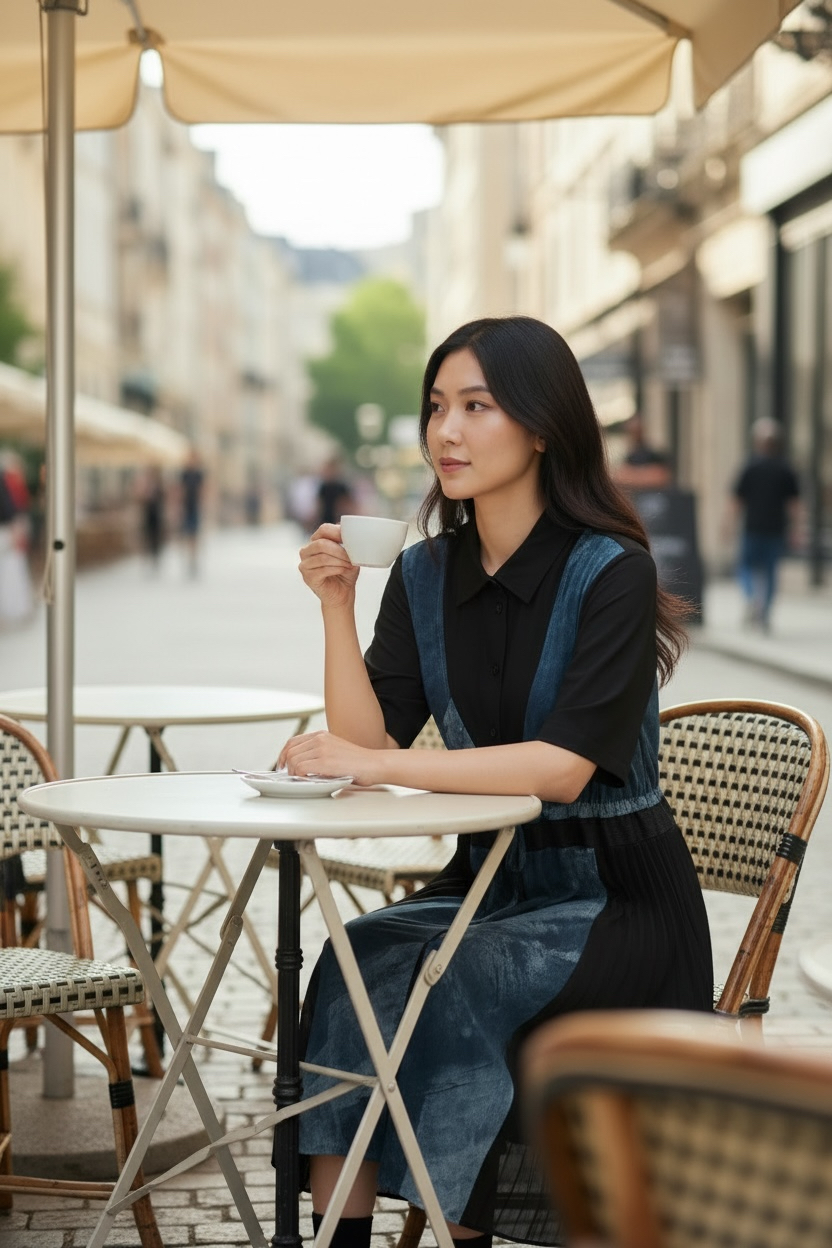 103660 BM 印牛仔雪紡仿兩件連身裙