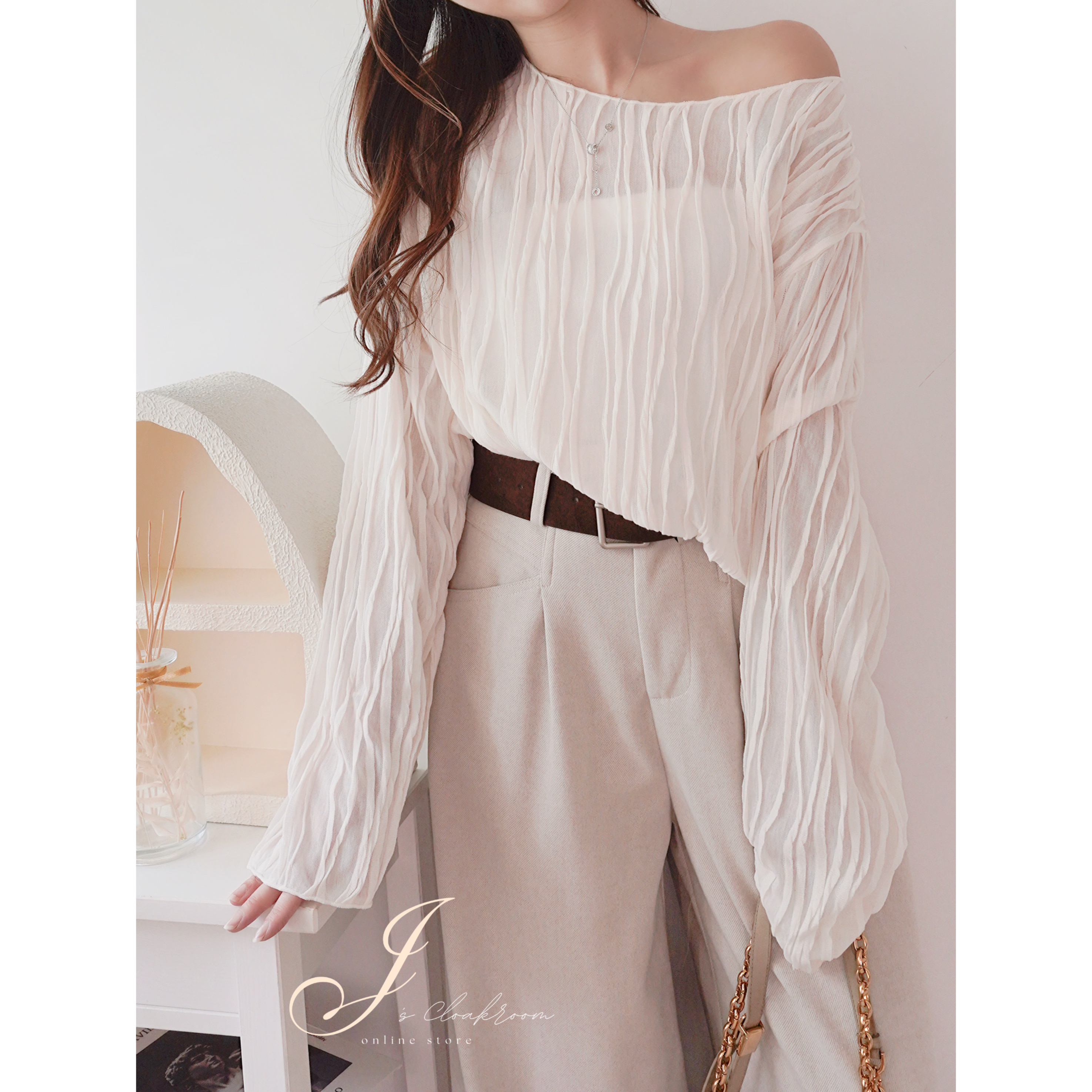 50%透感立體波浪上衣(JP)[米白色]358700