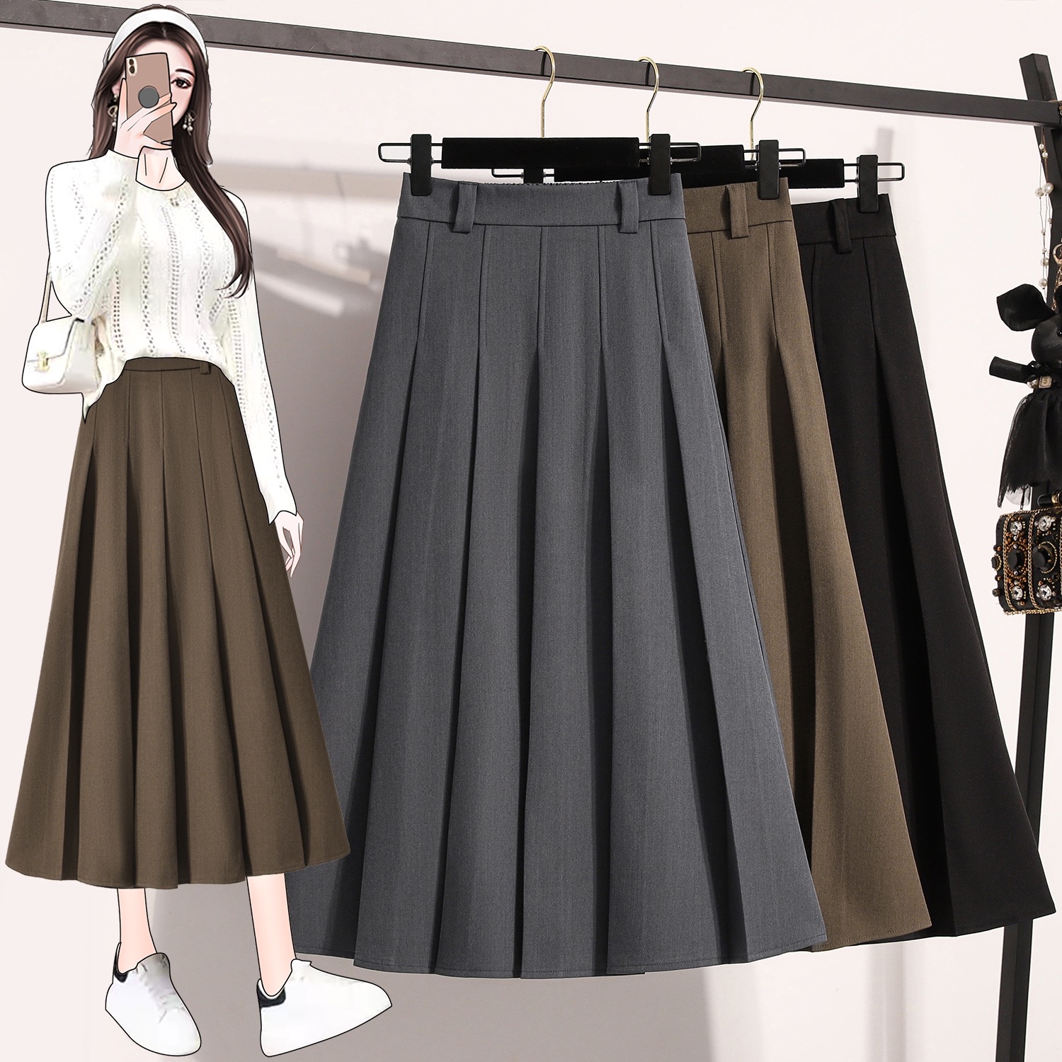 B151(7369) 韩版气质高腰显瘦下摆百褶西装A字3色长裙