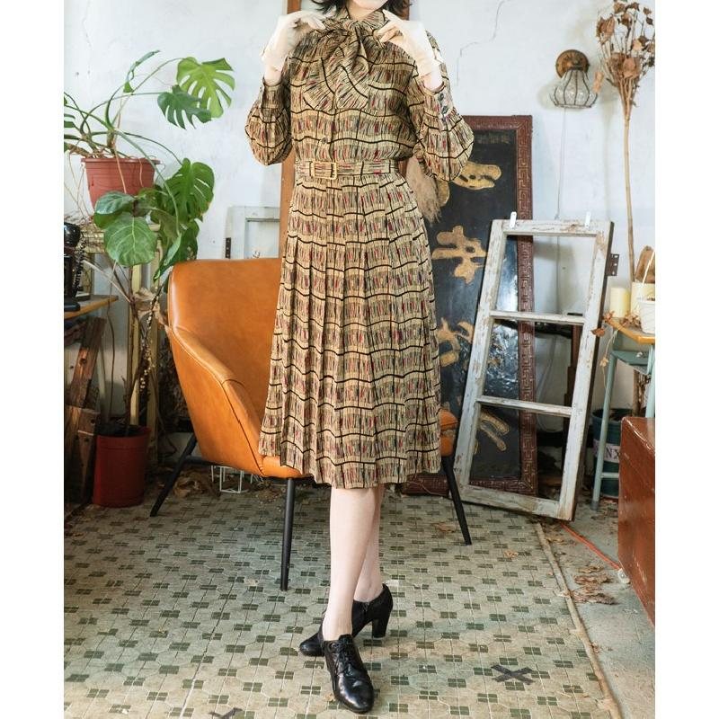 Vintage Japanese Abstract Pattern Tie Collar Day Dress with Original Belt (MT1608-153)