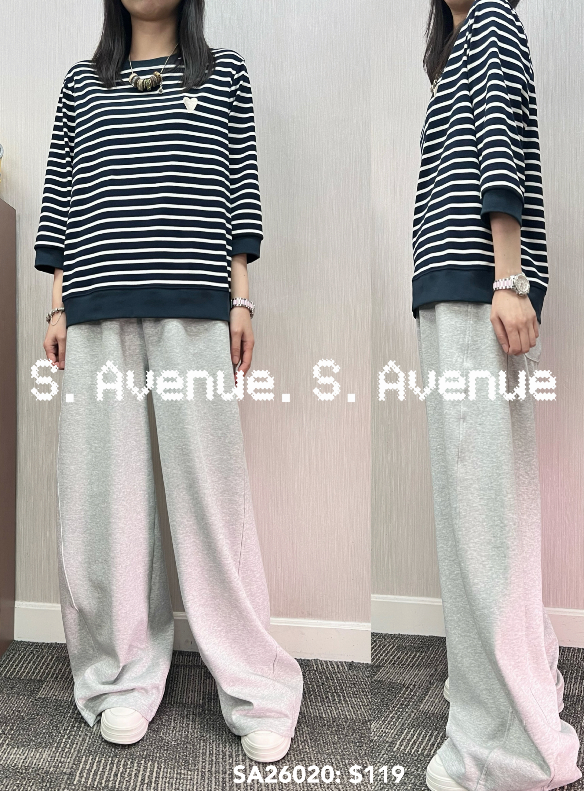 SA26020: 中袖間條繡心心tee