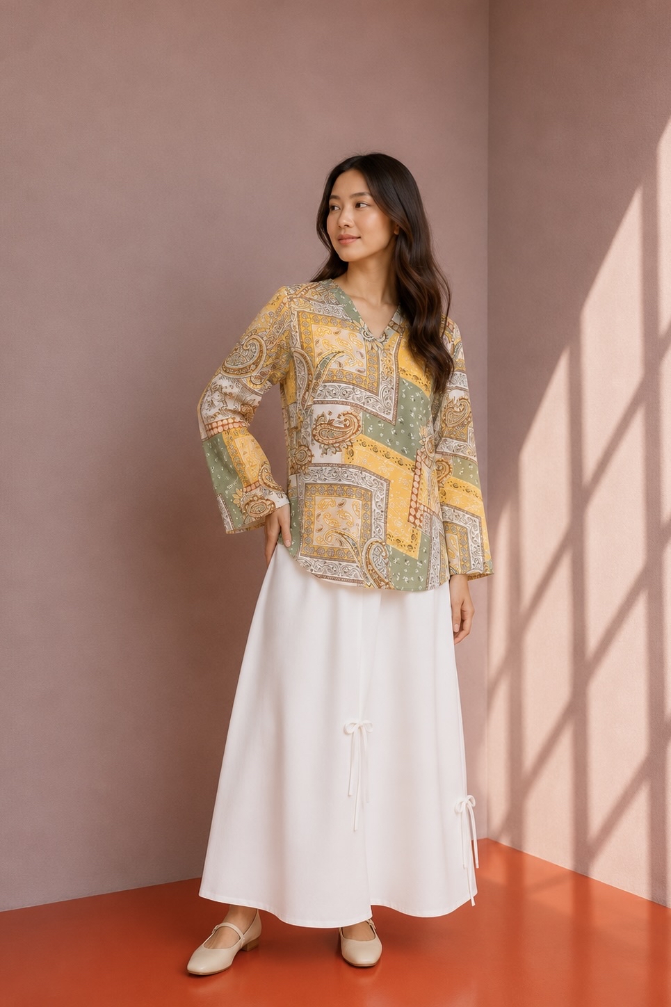 LINEN TOP - Patchwork in Moss Lemon