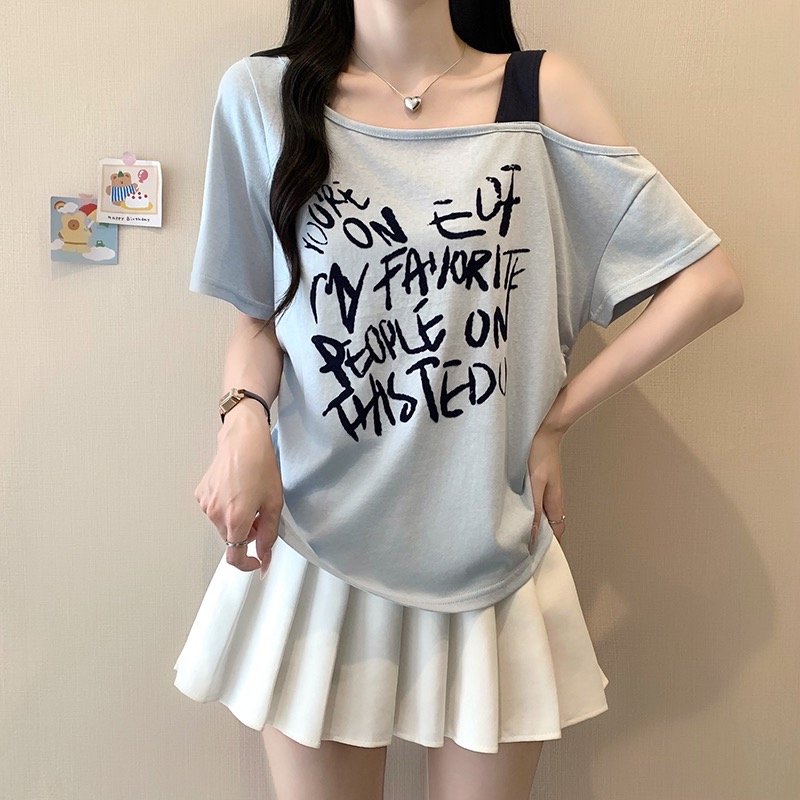 B292(3995) 美式涂鸦风文字斜领单吊带5色上衣 