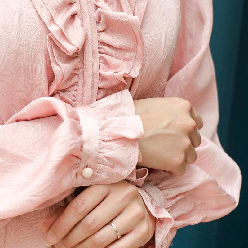 Vintage Japanese Leaf Textured Pink Ruffle Front & Cuff Blouse/Shirt (MT1604-8)