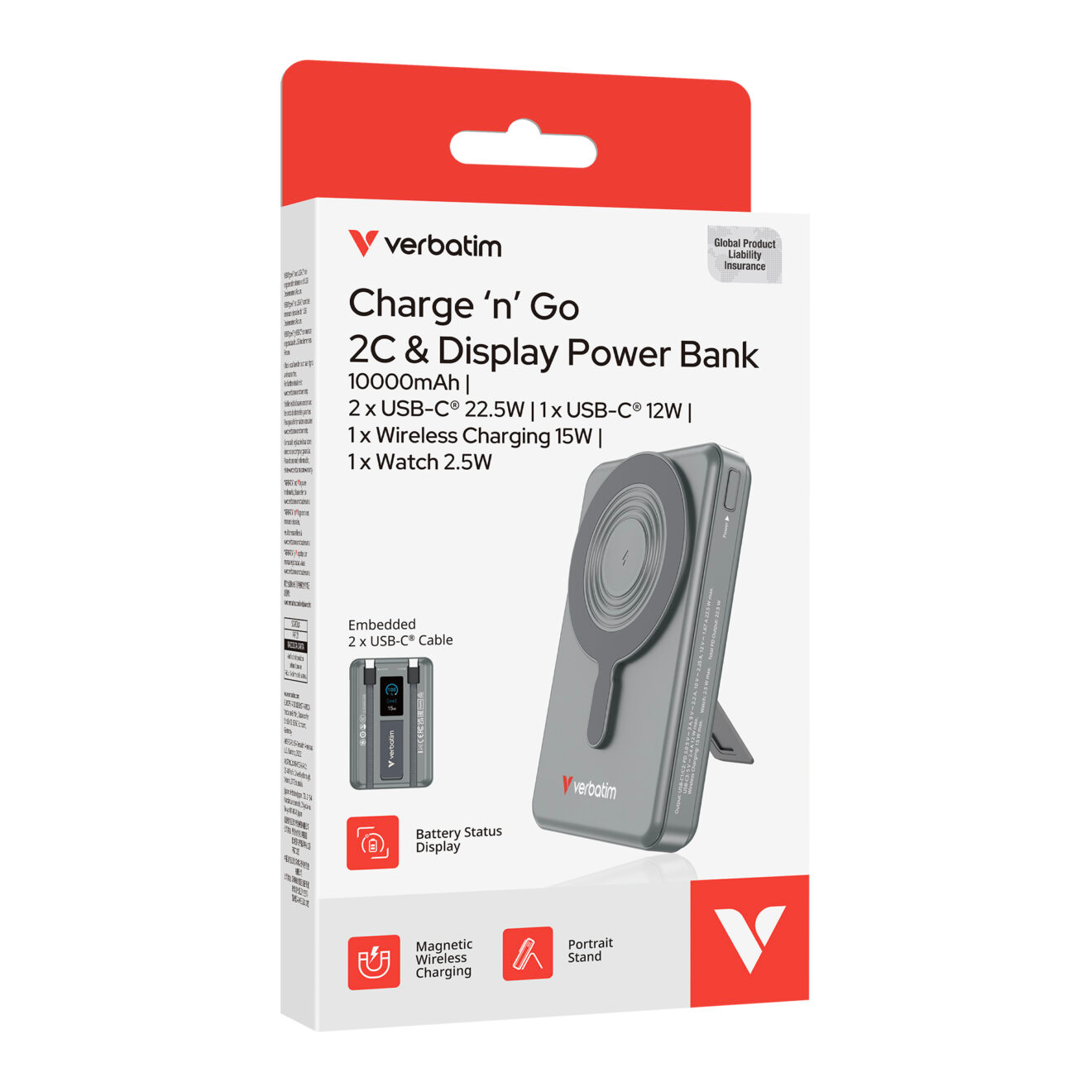 威寶 - Verbatim Charge 'n' Go 10000mAh 2C & 附顯示器的行動電源（*3C認證 CCC 認証) 磁充 磁吸 磁吸無線行動電源 #33272 / #33273