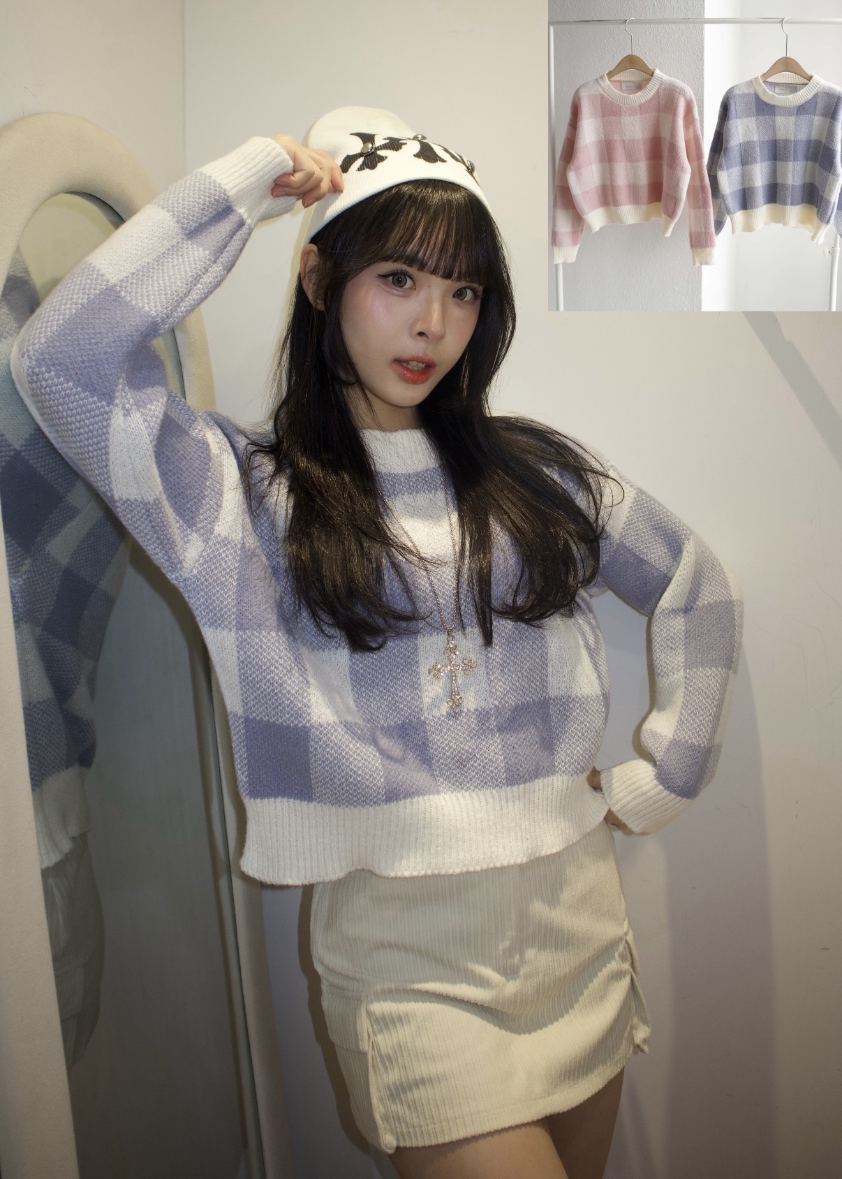 韓國格仔軟熟針織短衛衣