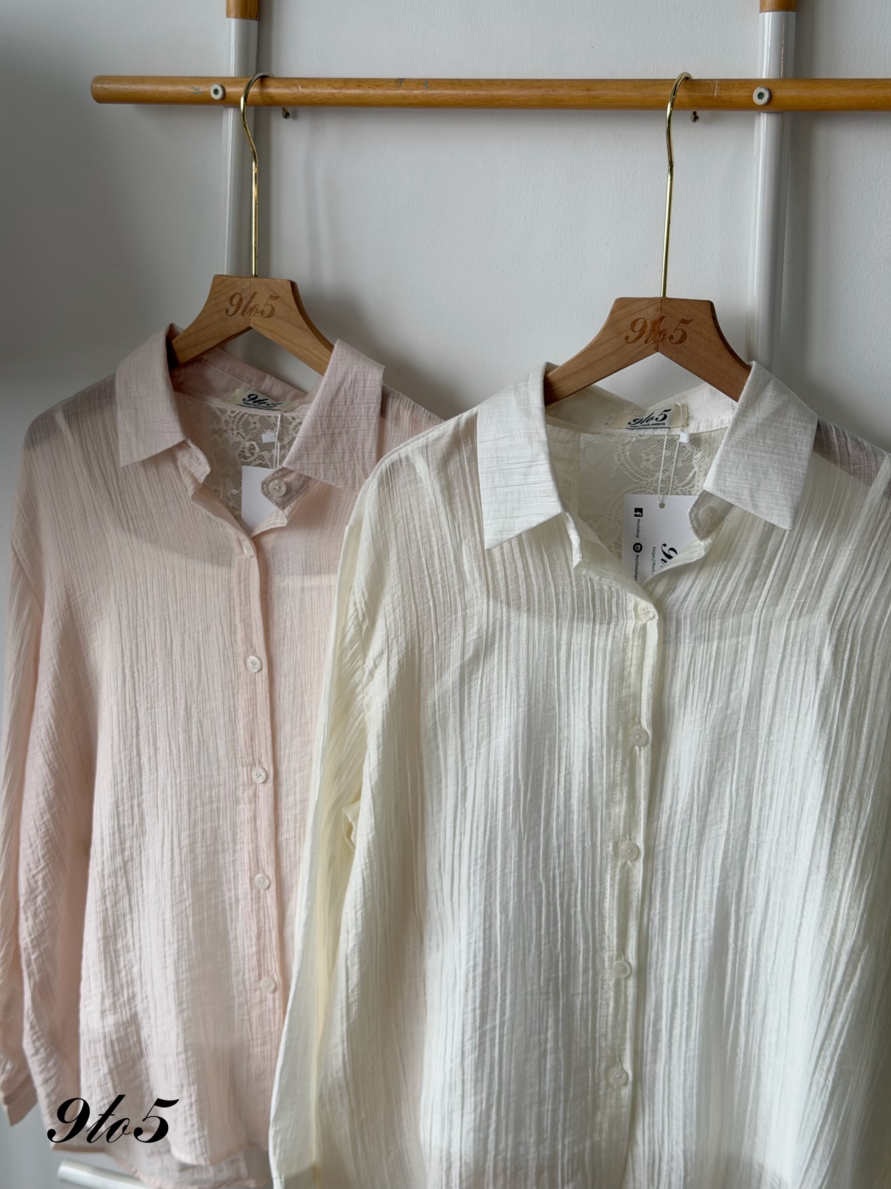 T4459 Long Sleeve Semi-sheer Shirt - Cream & Pink
