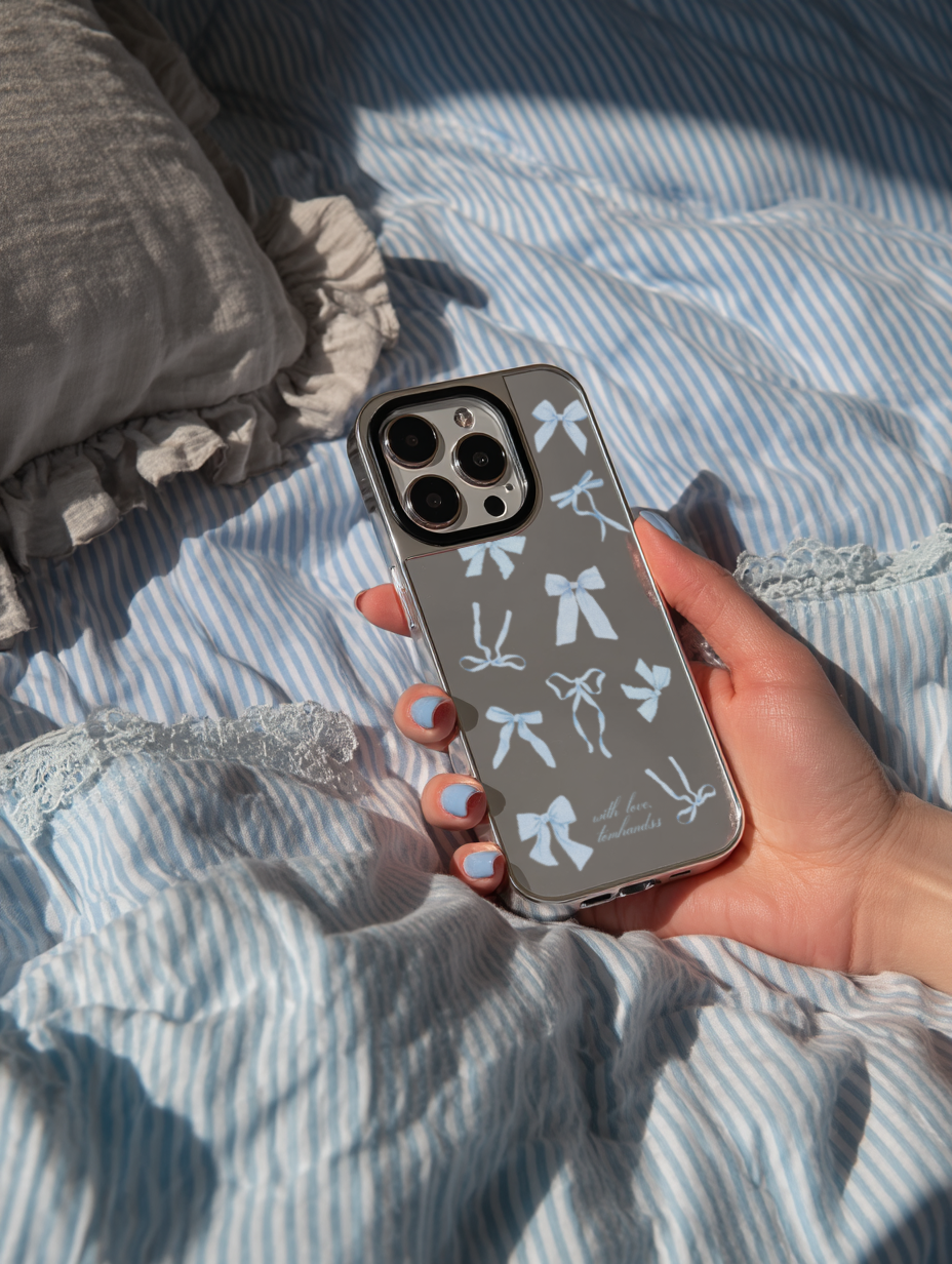 【The French Candy Floss Ribbons*BLUE*】銀框鏡面MagSafe iPhone Case