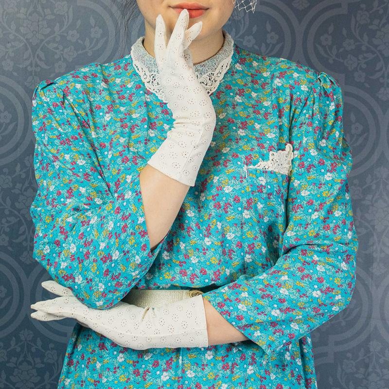 C.a. 1980s Karin Stevens Scattered Floral Pattern Turquoise Low Waist Dress with low Waist collar - Plus Size(MU103-10)