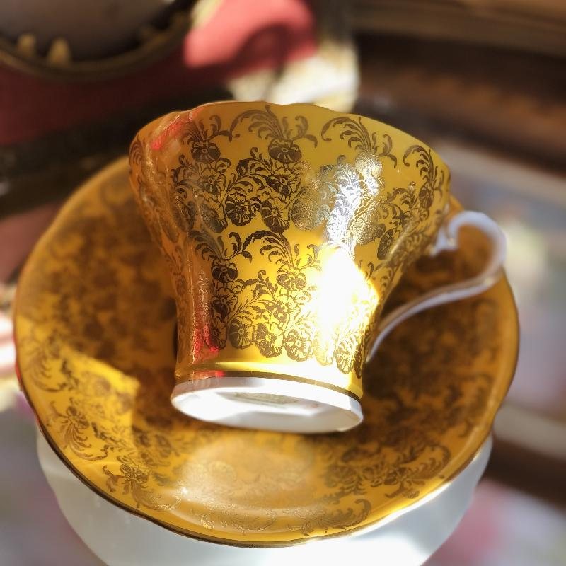 Vintage C.a. 1950-60s Ansley Gold & Yellow Corset Tea Cup Tea Set Duo (MT1431)