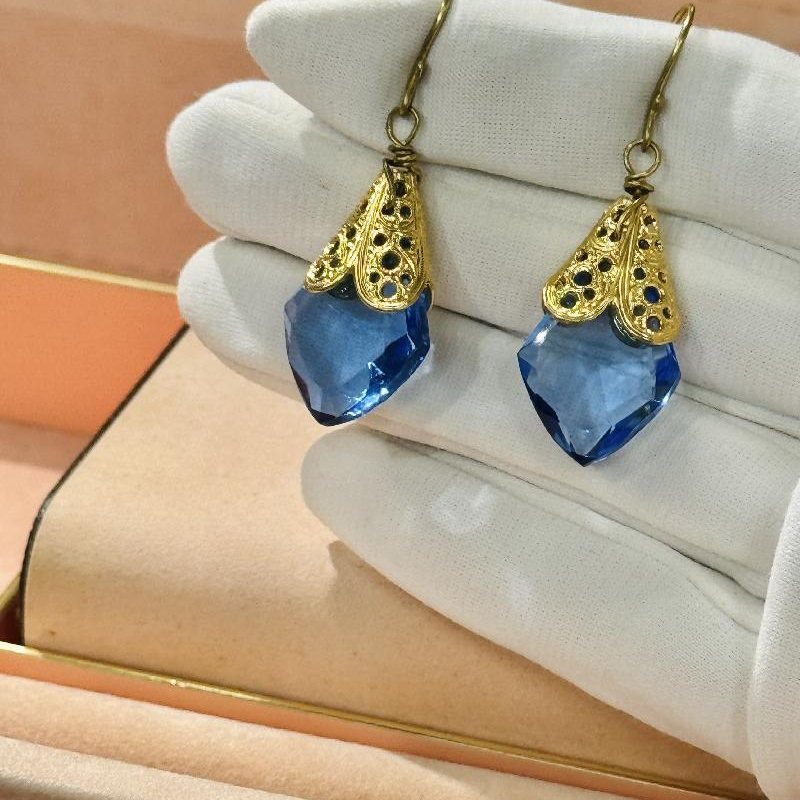 Vintage Recomposed Blue Faceted Glass Hook Earrings (C034)