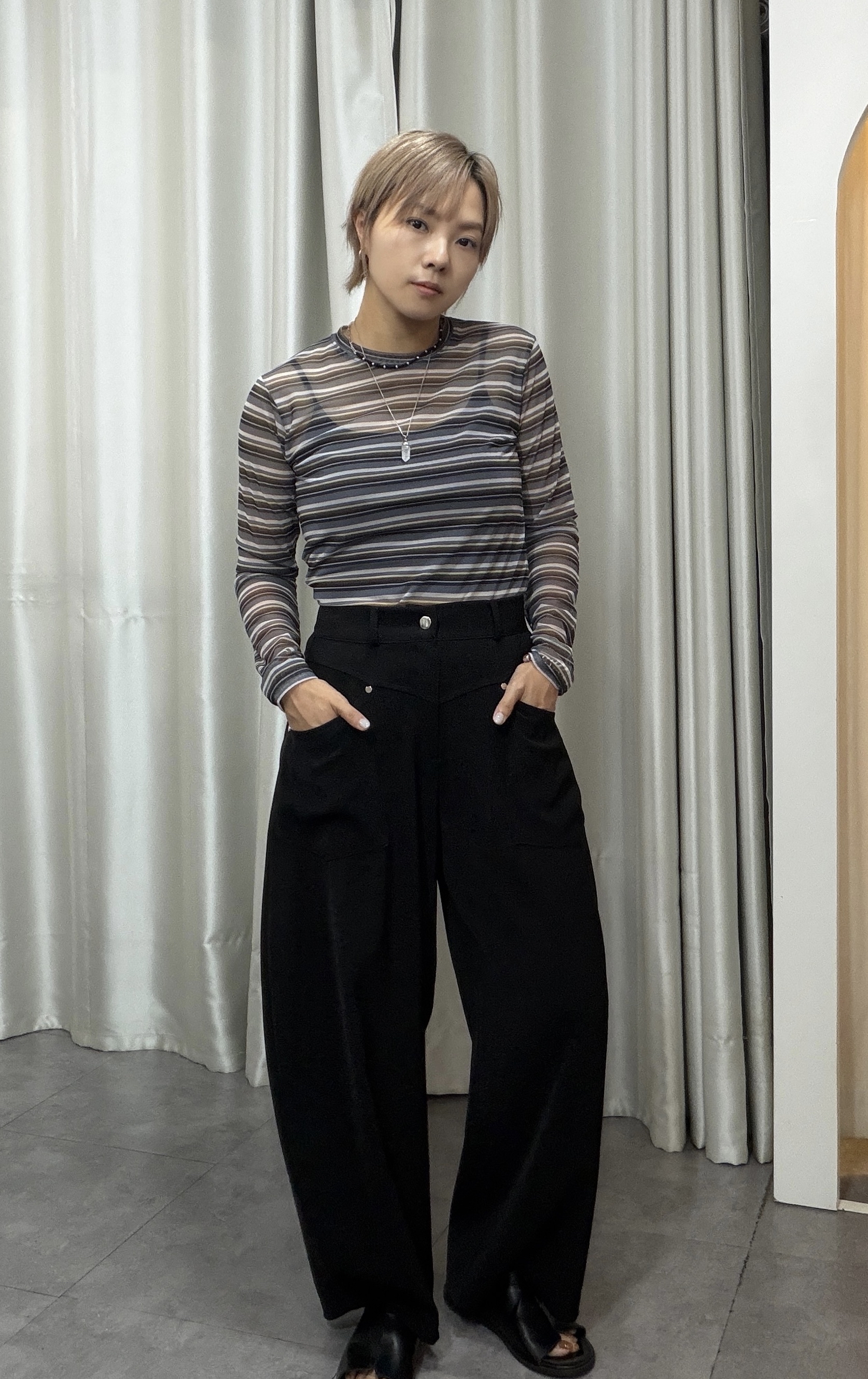 時尚高腰休閒彎刀褲