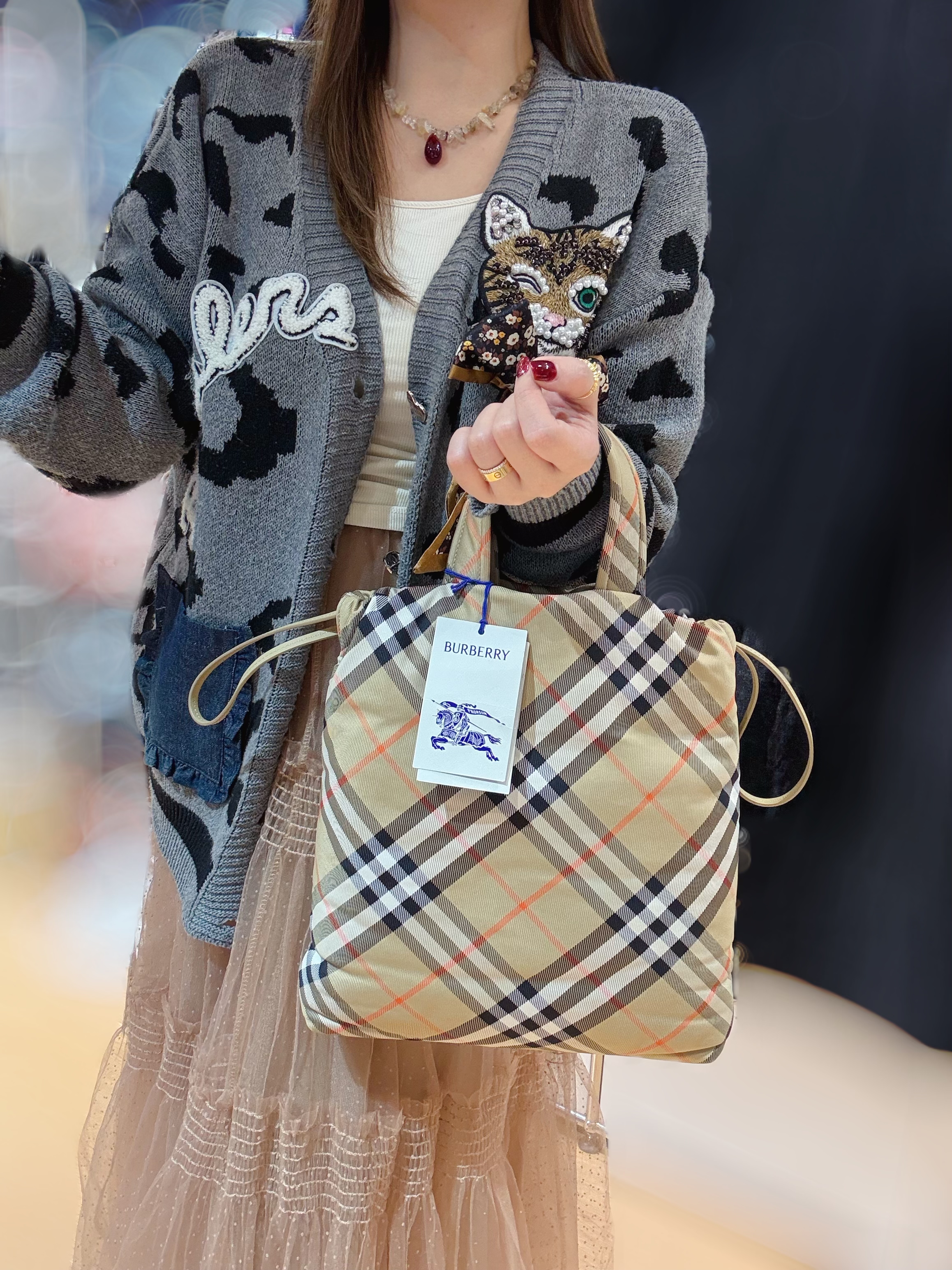 Burberry Drawstring check tote sand