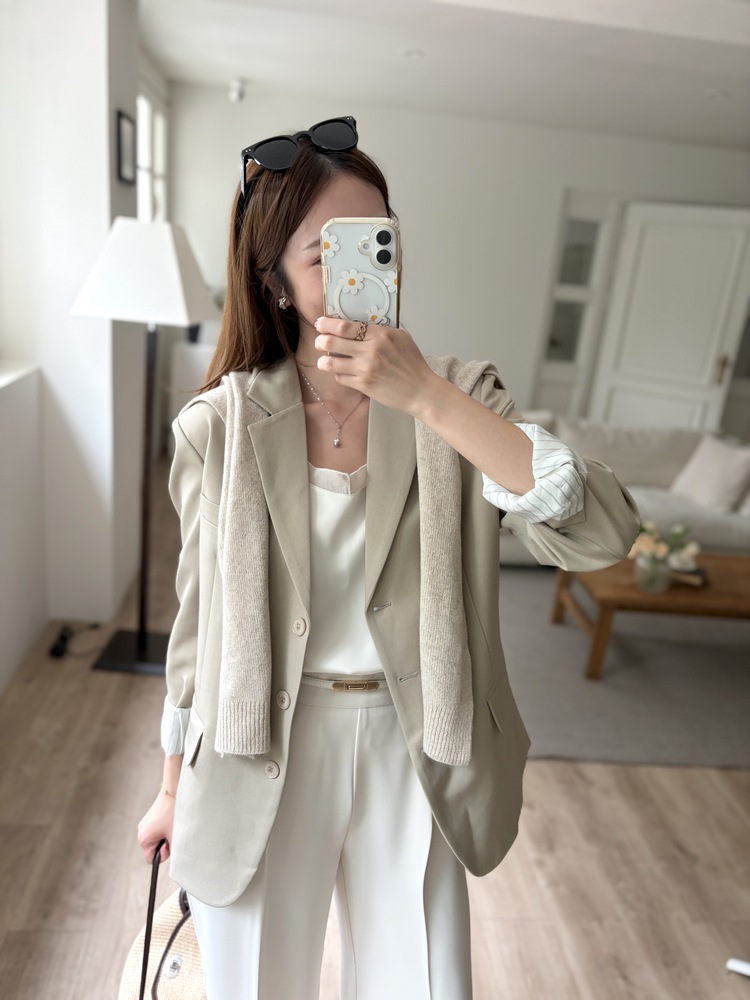 Margot Blazer with Striped Cuffs (Beige)