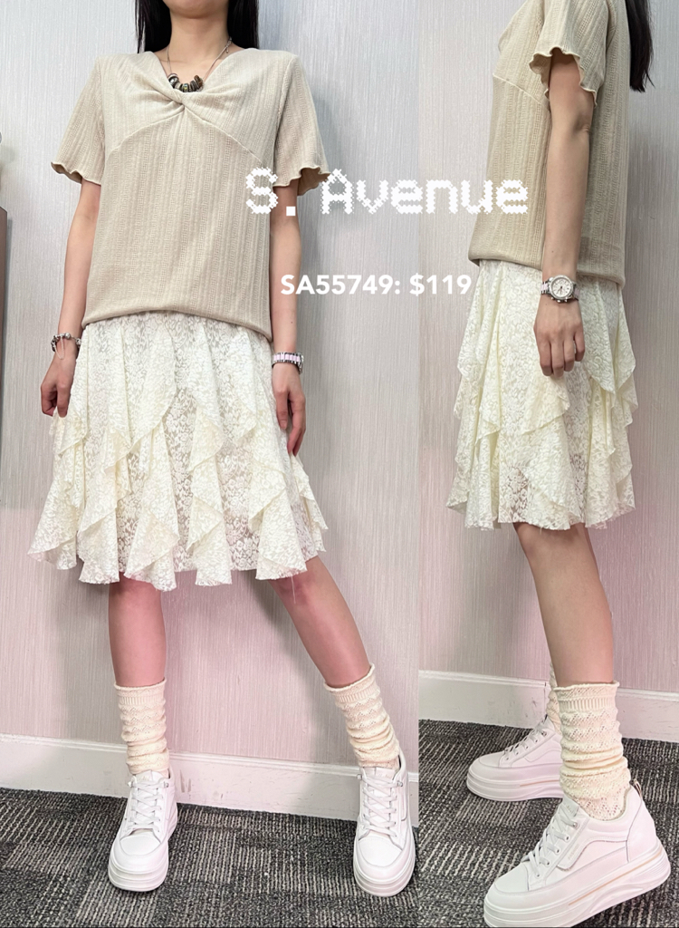 SA55749: 橡筋腰不規則lace及膝裙