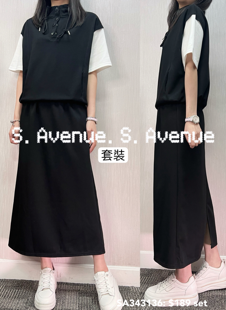 SA343136: 短袖領有鈕束腳假兩件tee配後開叉長裙套裝