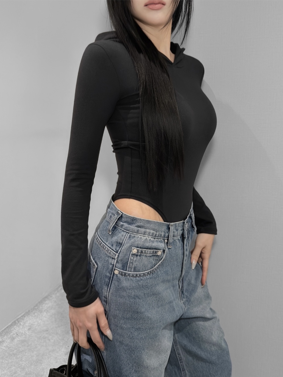 Solid Fitted Hooded Bodysuit