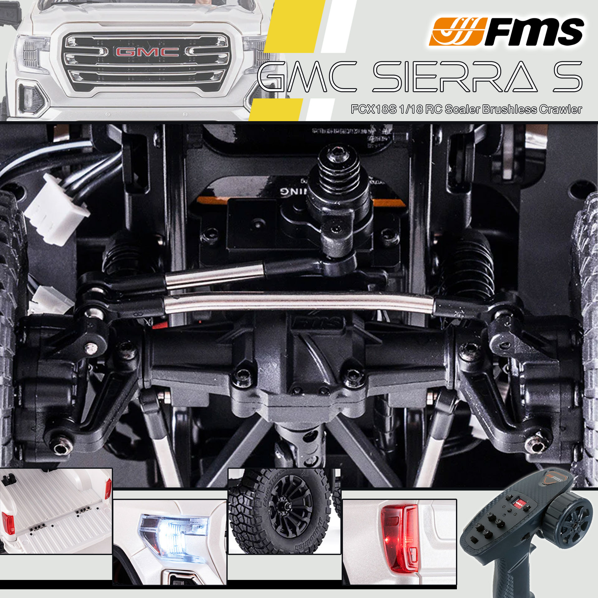 全新 FMS FCX18S 1:18 GMC Sierra S RTR Brushless | General Motors LLC授權 | 無刷版本 | 聯動指揮燈 | 2段機械變速 | 迷你慢爬車 | 遙控車 | 像真迷你遙控車