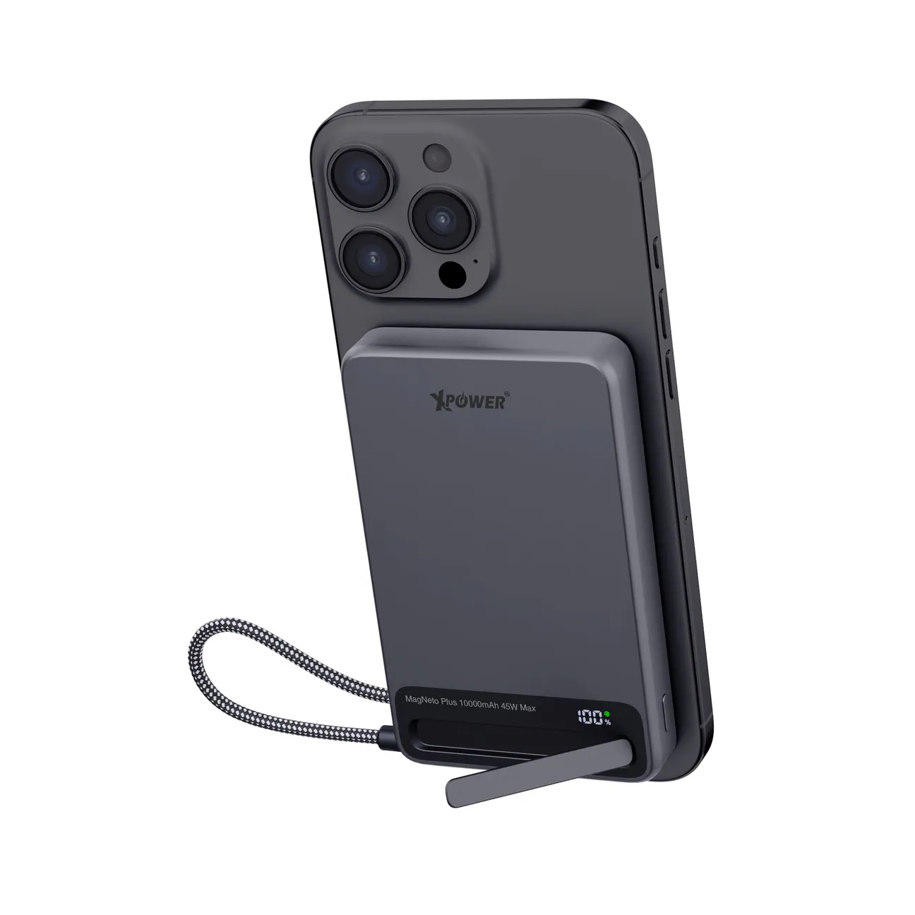 (3C可追溯二維碼)XPower MagNetoPlus Q10 Pro鋁合金10000mAh 45W PD3.0支架內置線及數顯QI2磁吸移動電源