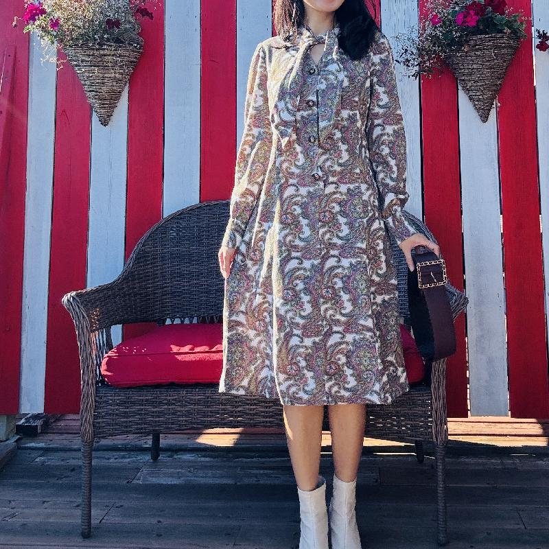 Vintage 1980s American Paisley Pattern Tie Collar Loose Fit Dress(MT2419)