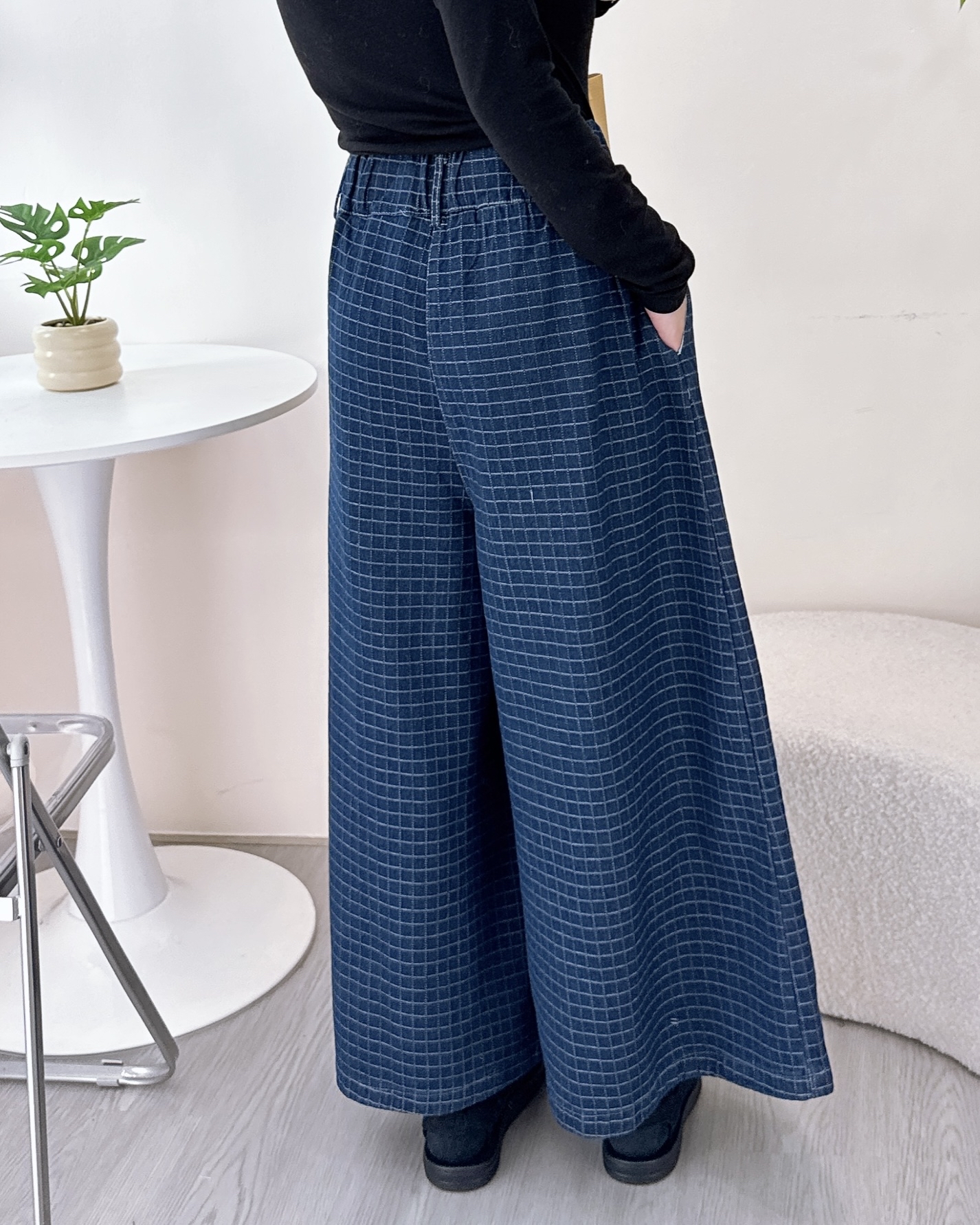 日式車線格仔闊裙褲