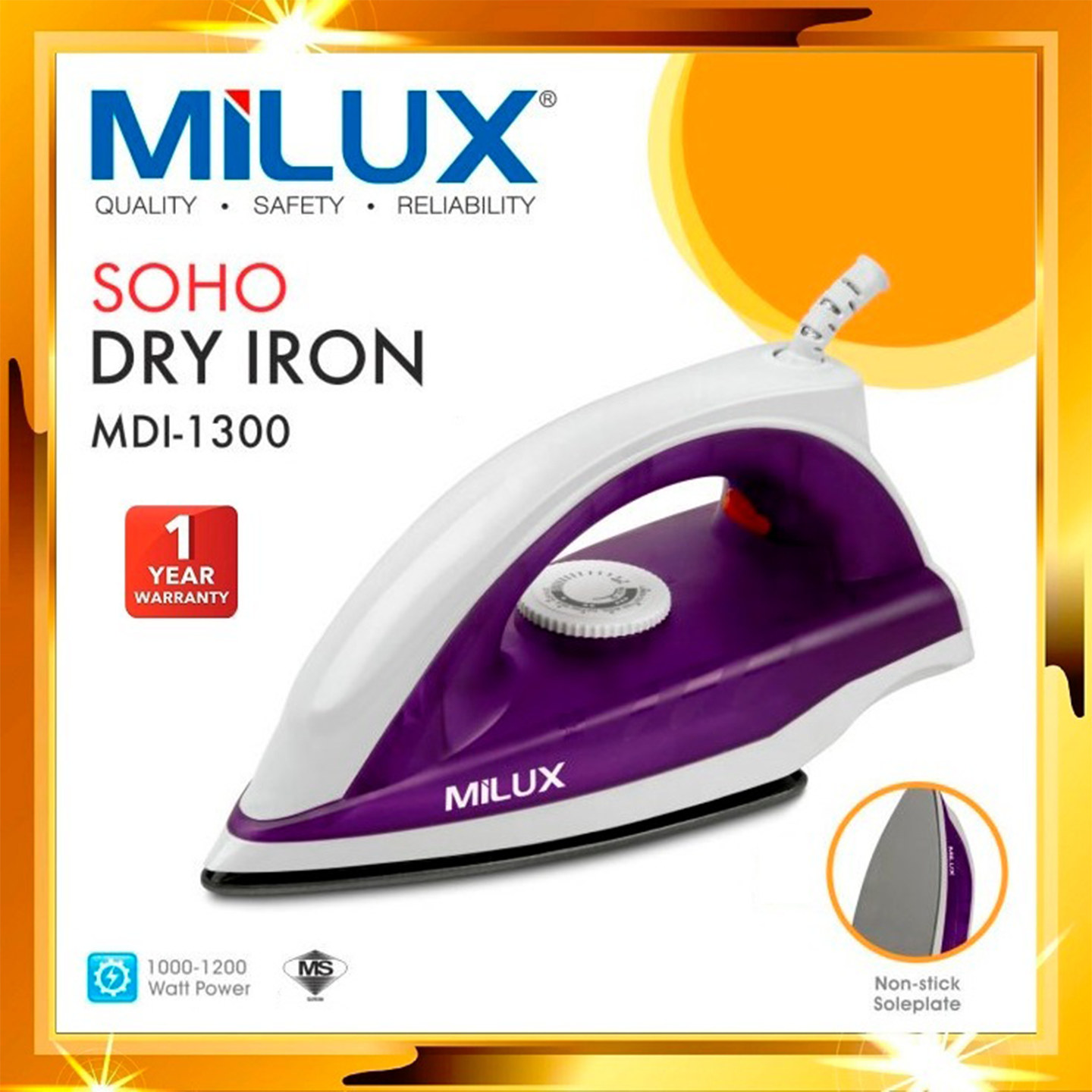 Milux 1200W Non-Stick Dry Iron (MDI-1300)