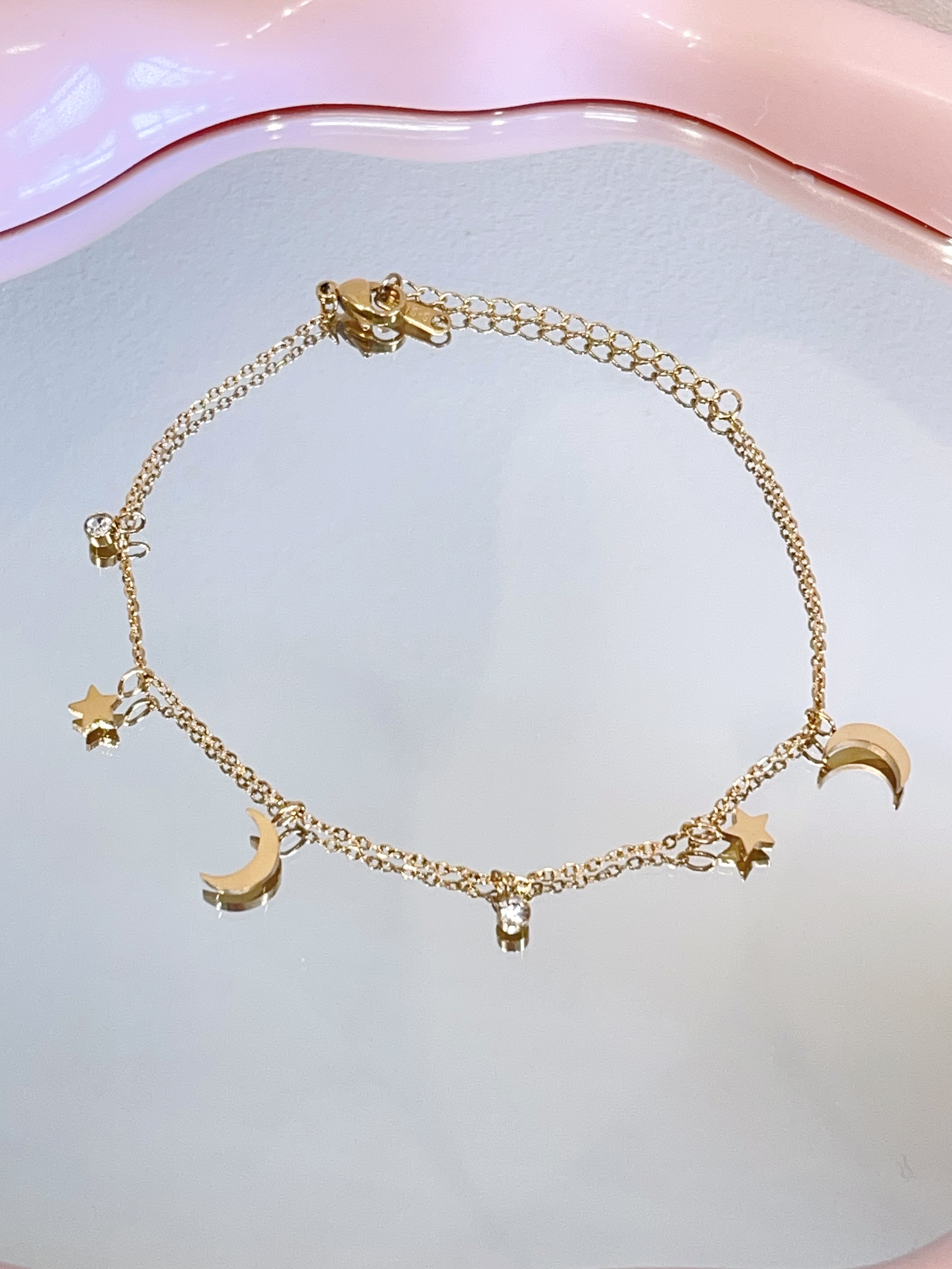 精致钻石星月款钛钢脚链⭐🌙