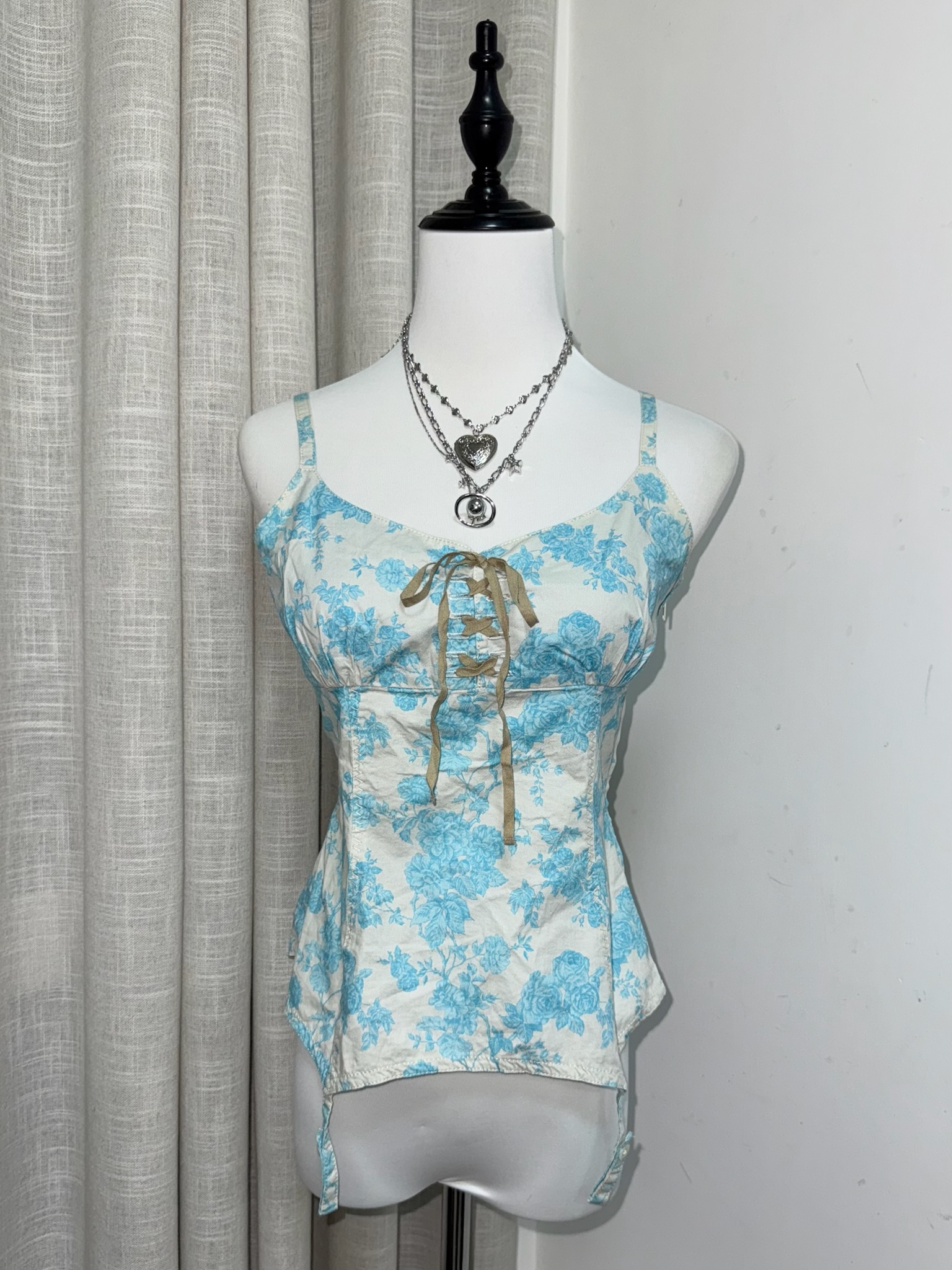 Vintage Rose Print Cami with Front Lace-up Detail and Faux Garter Straps