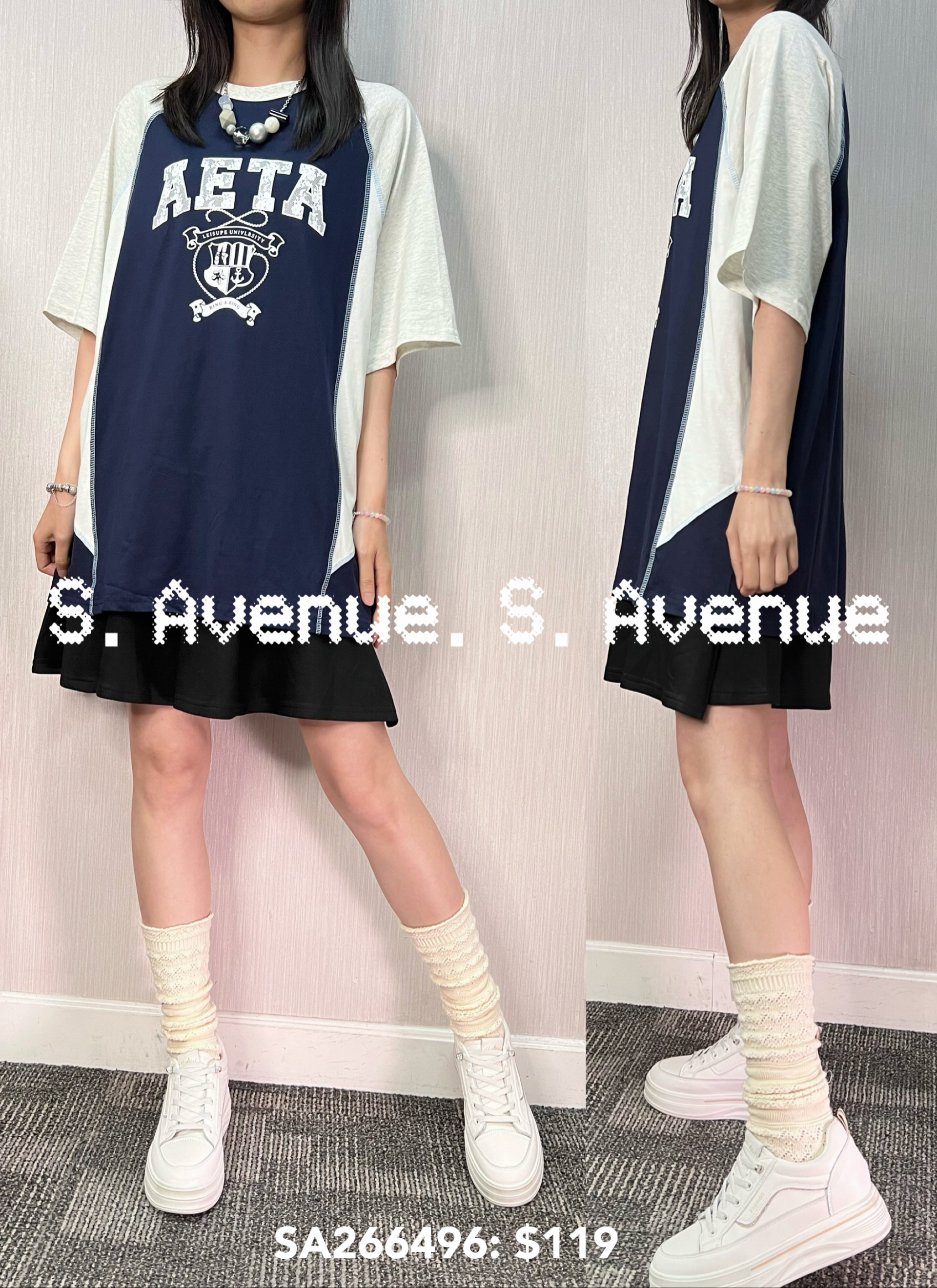 SA266496: 短袖拼色拼布英文字長tee