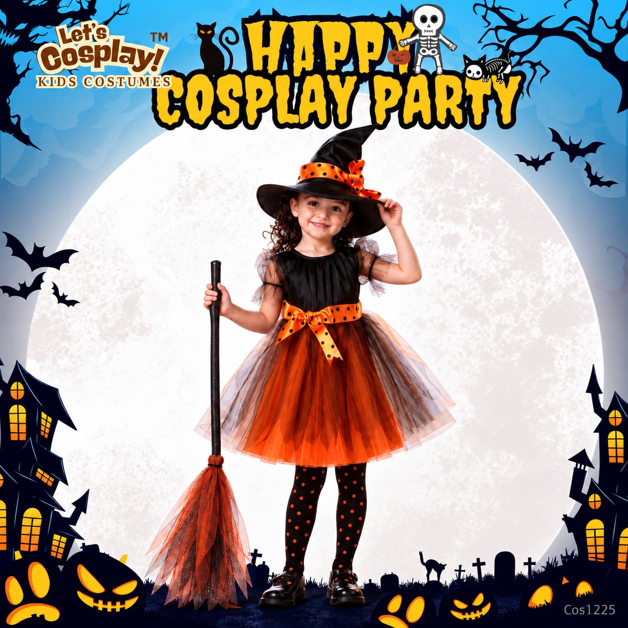 兒童萬聖節女巫主題服裝 橙黑女巫帽連身裙 Kids Witch Costume COS1225